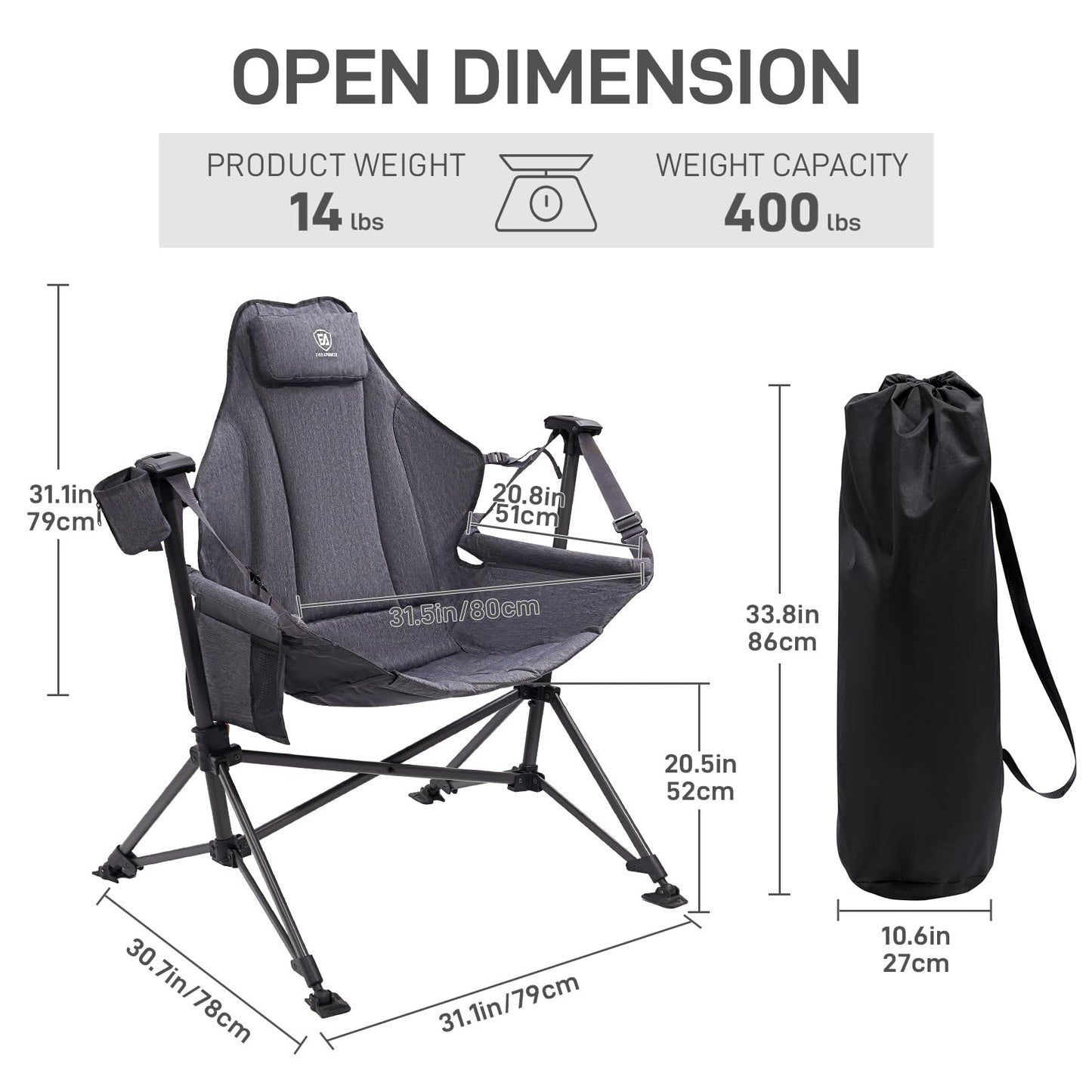 EVER ADVANCED Padded Hammock Camping Chair, Oversized Heavy Duty Swing Chair with Detachable Cup Holder, Portable Folding Rocking Camping Chair, Support Up to 400lbs, Grey