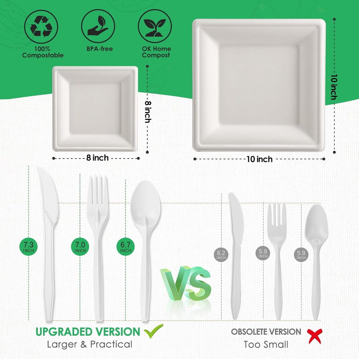 Gezond Compostable Paper Plates Set 300pcs Disposable Sugarcane Plates 10 Inch Eco-friendly White Square Plate with Napkins Biodegradable Heavy-duty Utensils for Party