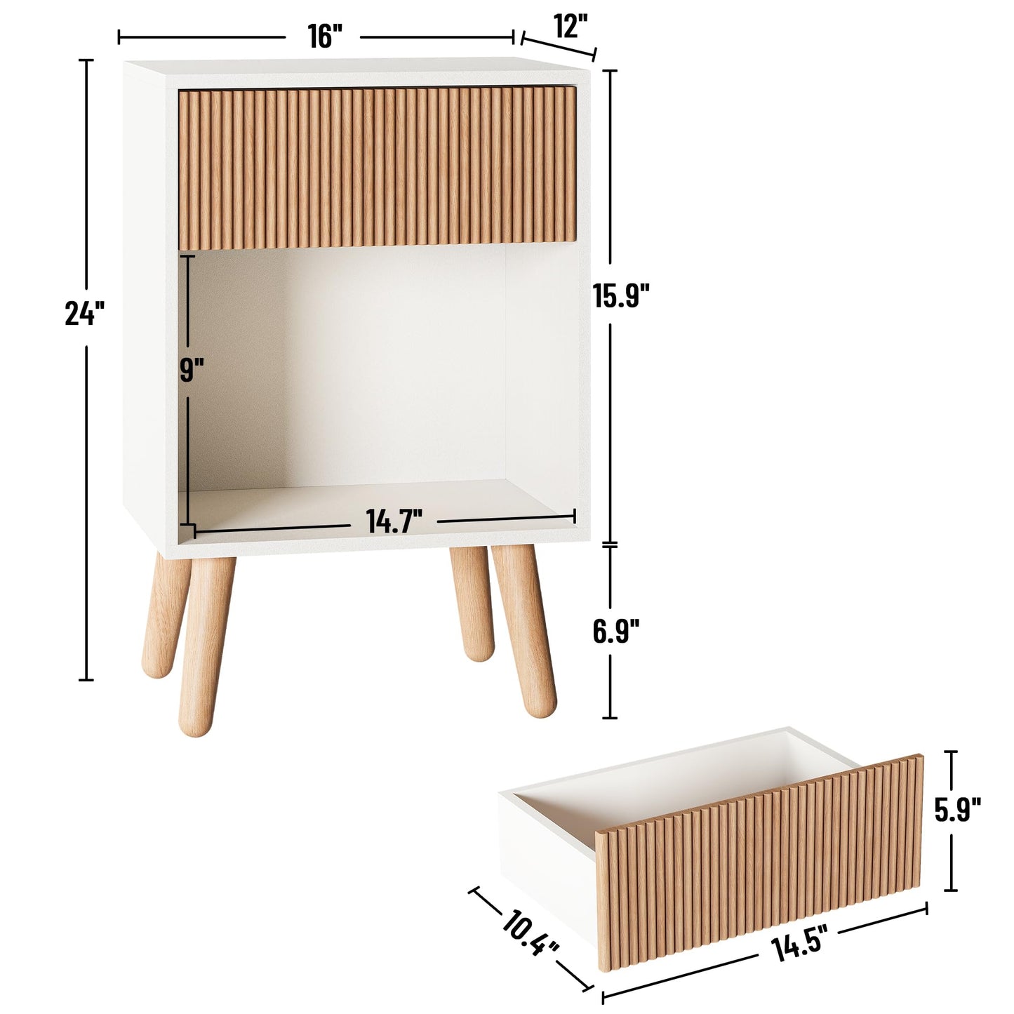 Fluted Nightstand, Modern Bedside Table with Storage Drawers and Open Wood Shelf, Night Stand with Solid Wood Legs, End Tables Side Tables for Living Room, Bedroom