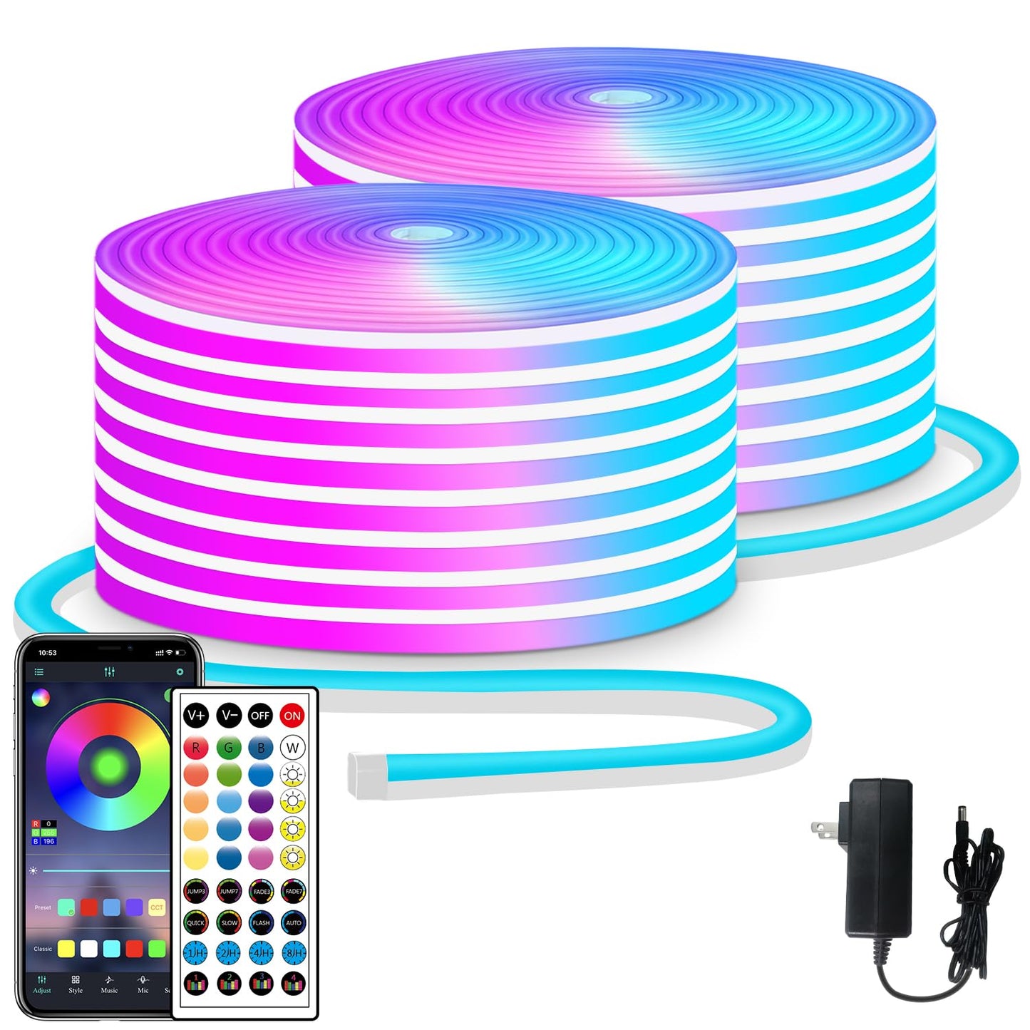 32.8ft LED neon Lights with Remote APP Control IP65 Waterproof Flexible Neon Strip Lights 24V RGB Rope Lights for Bedroom Room Outdoors Décor