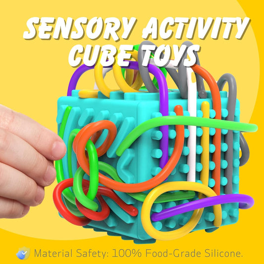 3D Sensory Activity Board - Silicone Sensory Toys, Fidget Toys for Calming, Stress, Anxiety, ADHD & Autism, Ideal for Kids 3+ & Adults with 10 Strings & Open Lid Storage, Quiet & Mess - Free