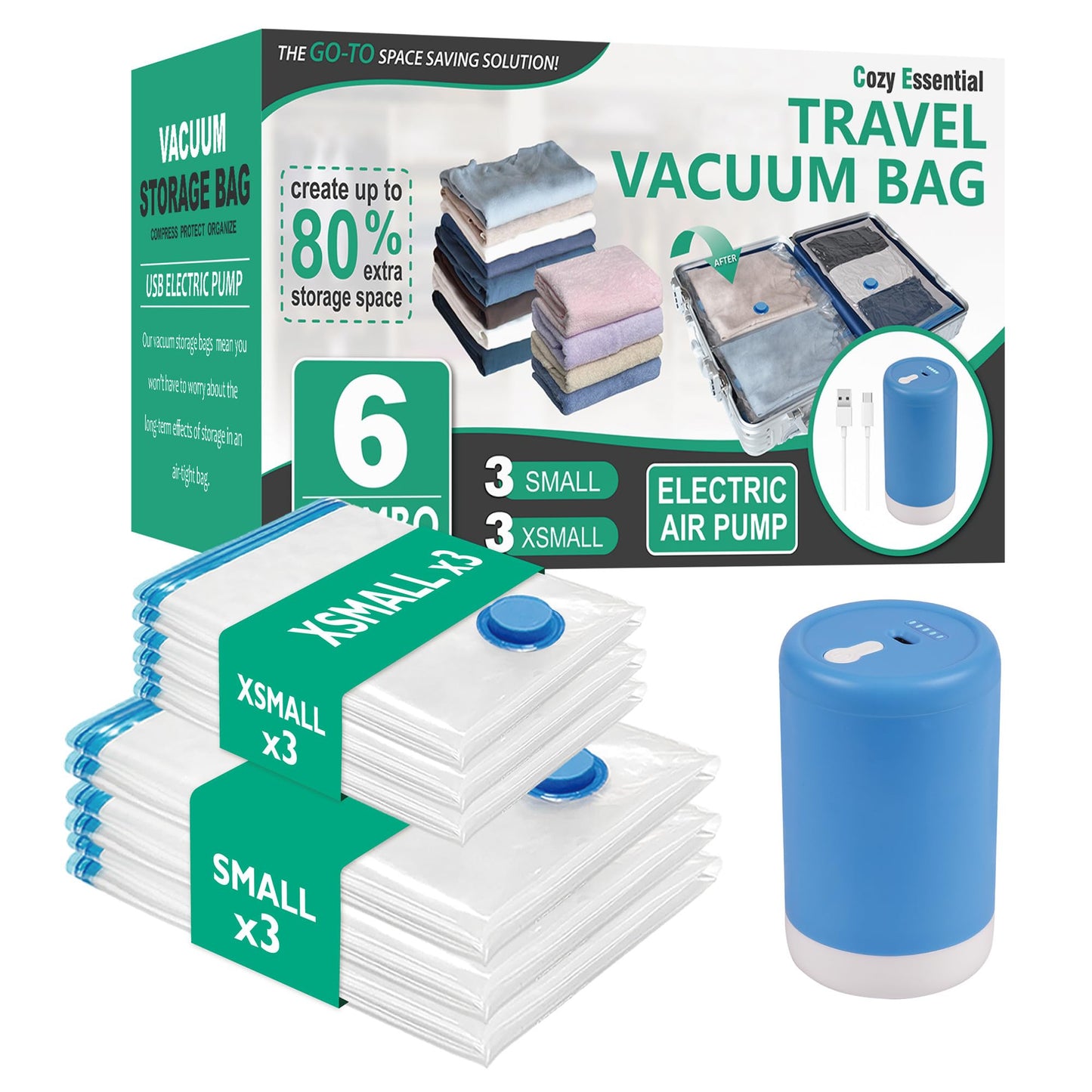 Travel Vacuum Bags with Electric Pump, 8 Pack Vacuum Travel Bags for Luggage and Suitcase, Vacuum Seal Space Saver Compression for Clothes Clothing