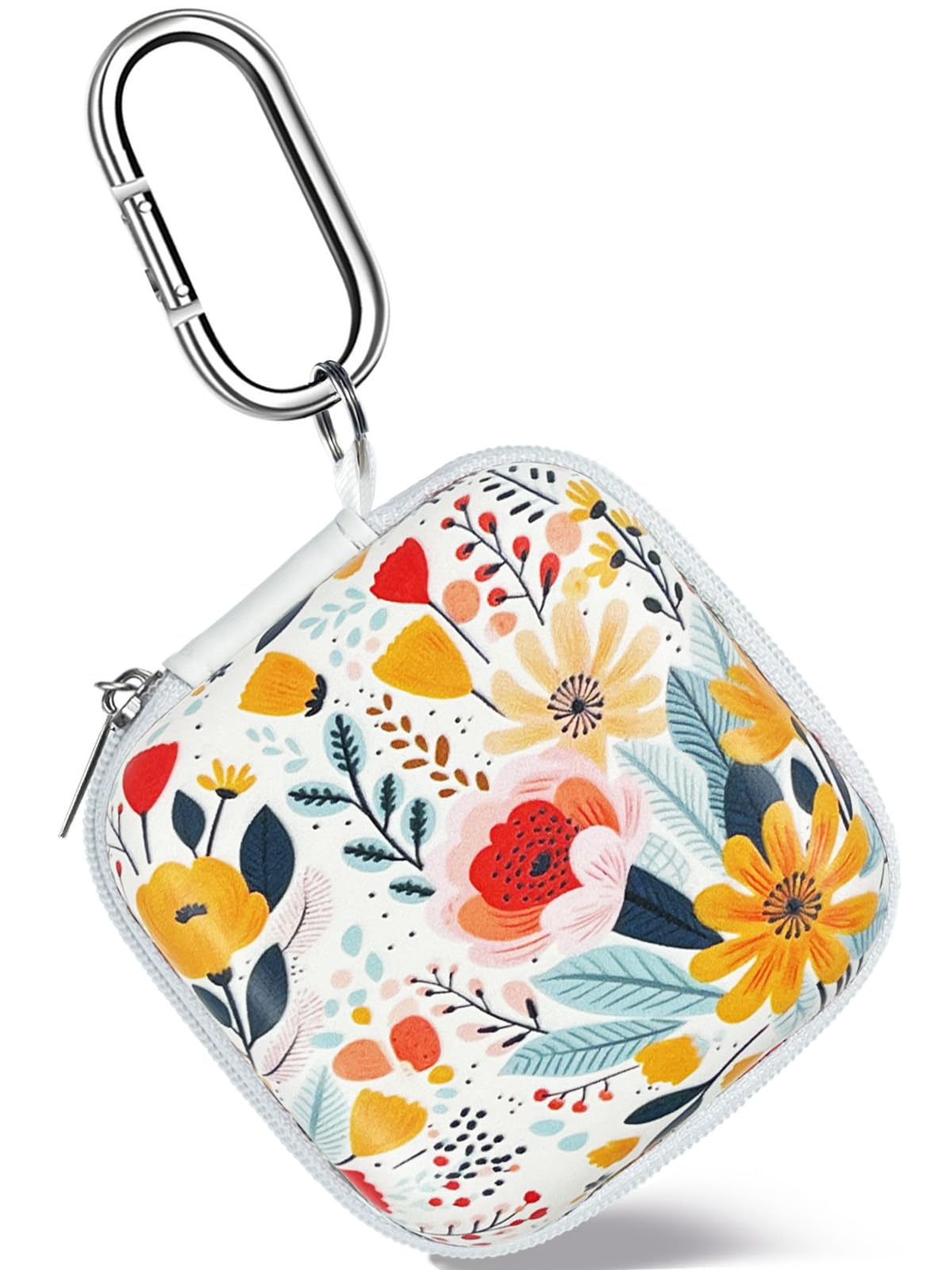 Square Earbud Case Headphone Organizer Ear Bud Case Portable EVA Carrying Box Storage Bag with Carabiner for AirPods Beats Bose Galaxy Buds 3 Data Cable Storage (Blooming Floral)