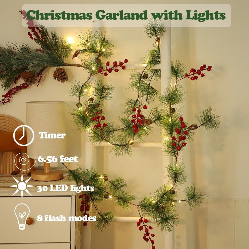 ChiRee Christmas Garland 6.56FT 30 LED Smokey Pine With Lights Battery Operated Pine Cone Red Berry Bells Green Decorations for Xmas Holiday Indoor Outdoor Home