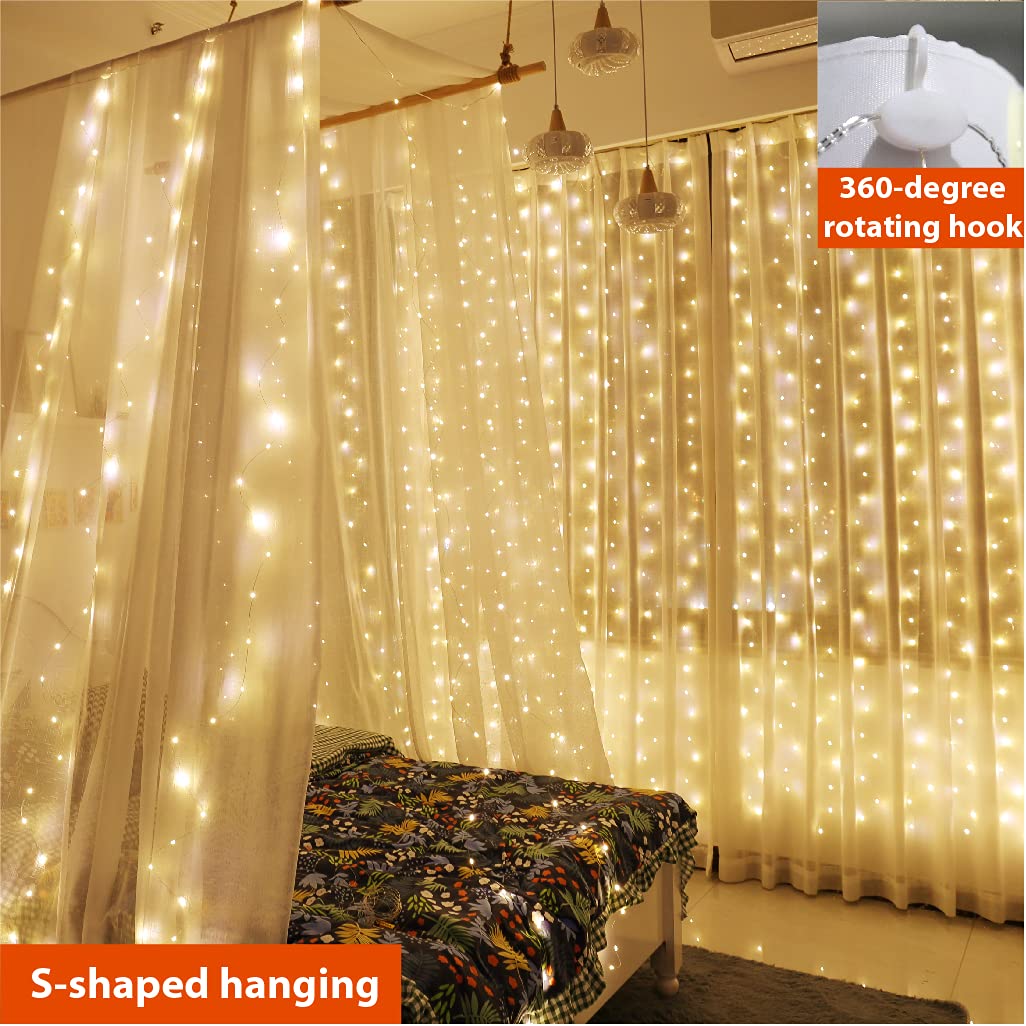 ZSJWL 300 LED Curtain Fairy Lights with Remote, 8 Modes 9.8 × 9.8 Ft, USB Plug in Copper Wire String Lights for Bedroom Window Chrismas Wedding Party, Warm White
