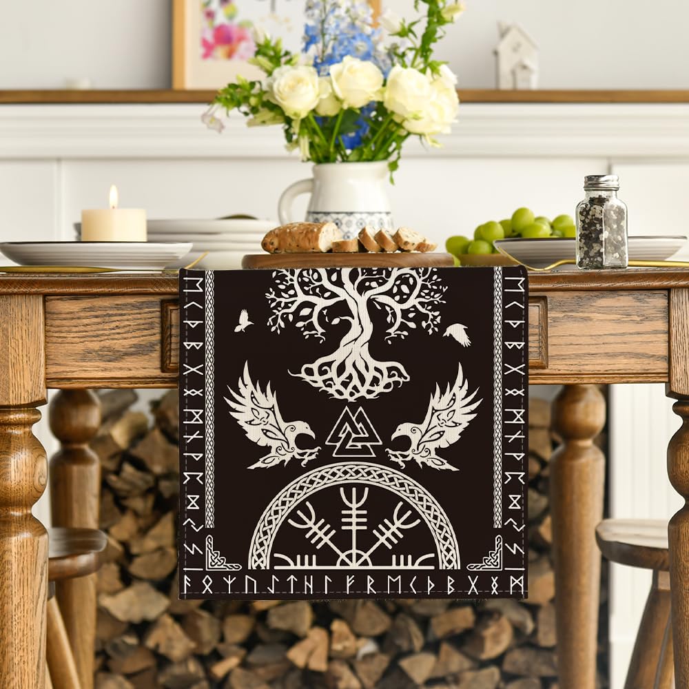 Artoid Mode Black Viking Tree of Life Raven Helmet of Awe Table Runner, Seasonal Kitchen Dining Table Decoration for Home Party Decor 13x108 Inch
