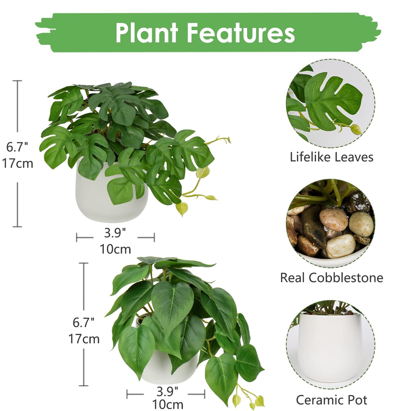 GnFlus Fake Plants Set of 2 Artificial Plants Faux Pothos with White Ceramic Pots Fake Potted Plants Artificial Decor for Home Bathroom Shelf Desk Indoor