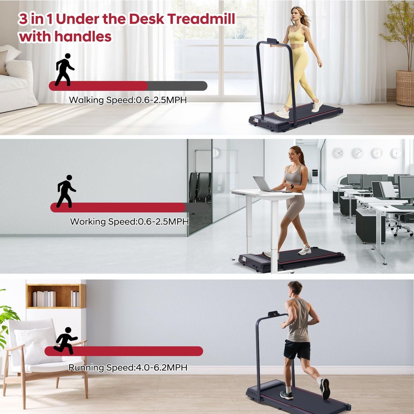 Walking Pad with Handle Bar, 3.0HP Walking Pad Treadmill with Handles, 3 in 1 Portable Under Desk Treadmills for Home Small Space, Foldable Folding Home Treadmill with Remote Control, 300LBS Capacity