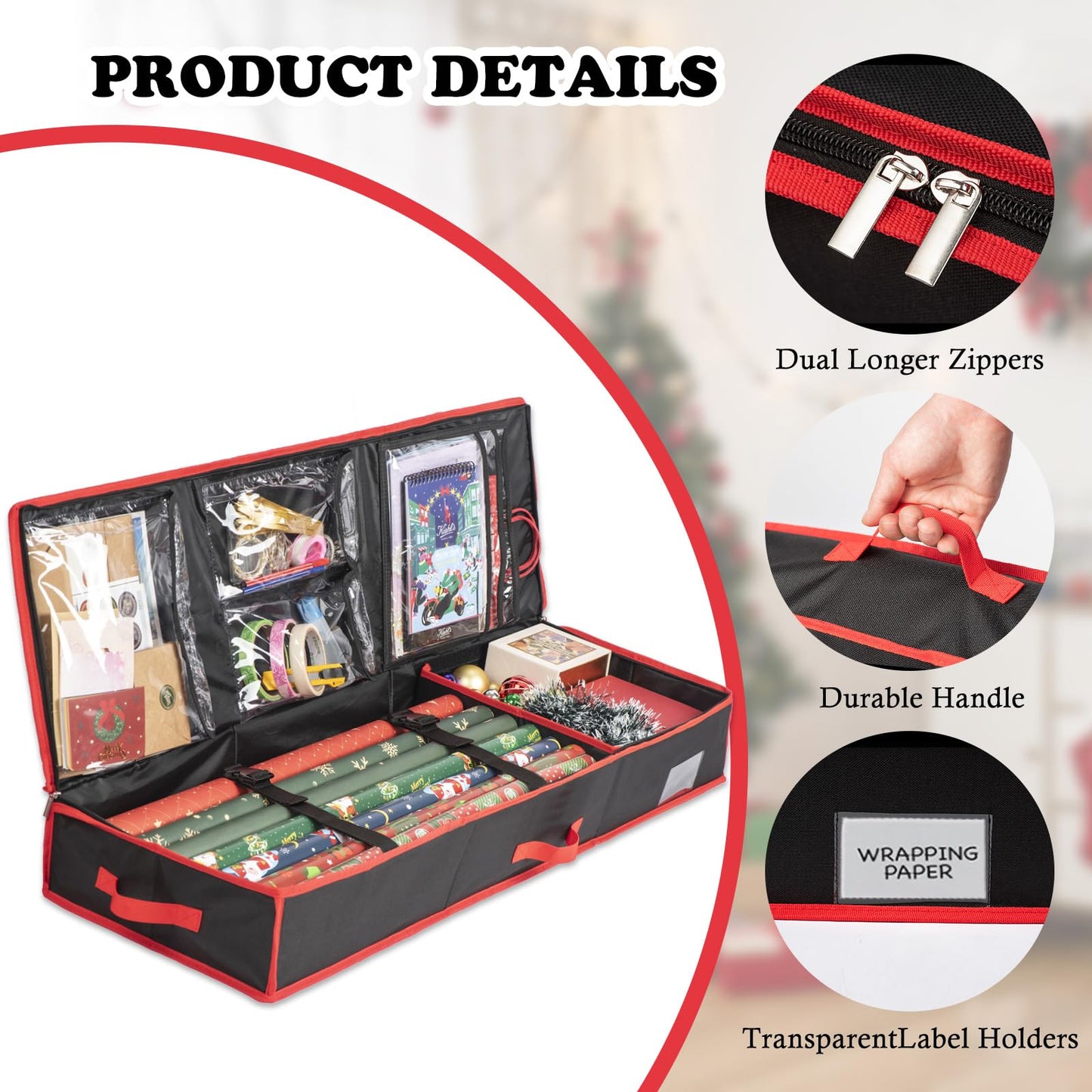 Wrapping Paper Organizer Storage for Christmas Gifts Wrapping Paper Storage, 600D Oxford Fits Ribbon, Ornaments, Holiday Accessories Flexible Partitions and Pockets (Black)