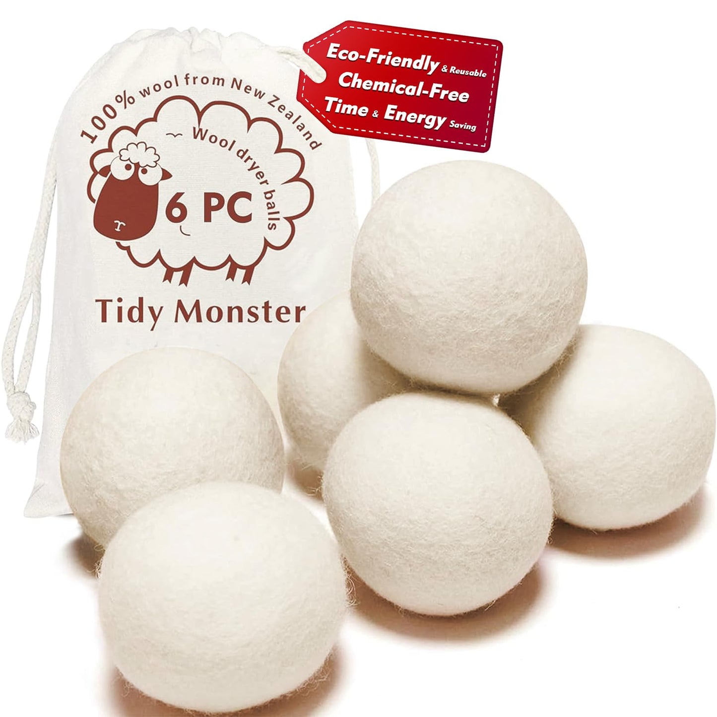 100% New Zealand Wool Dryer Balls XL Size – 6 Pack, Organic & Chemical-Free Fabric Softener, Baby Safe & Hypoallergenic, Reduces Static, Wrinkles & Drying Time, Reusable for 1000+ Loads