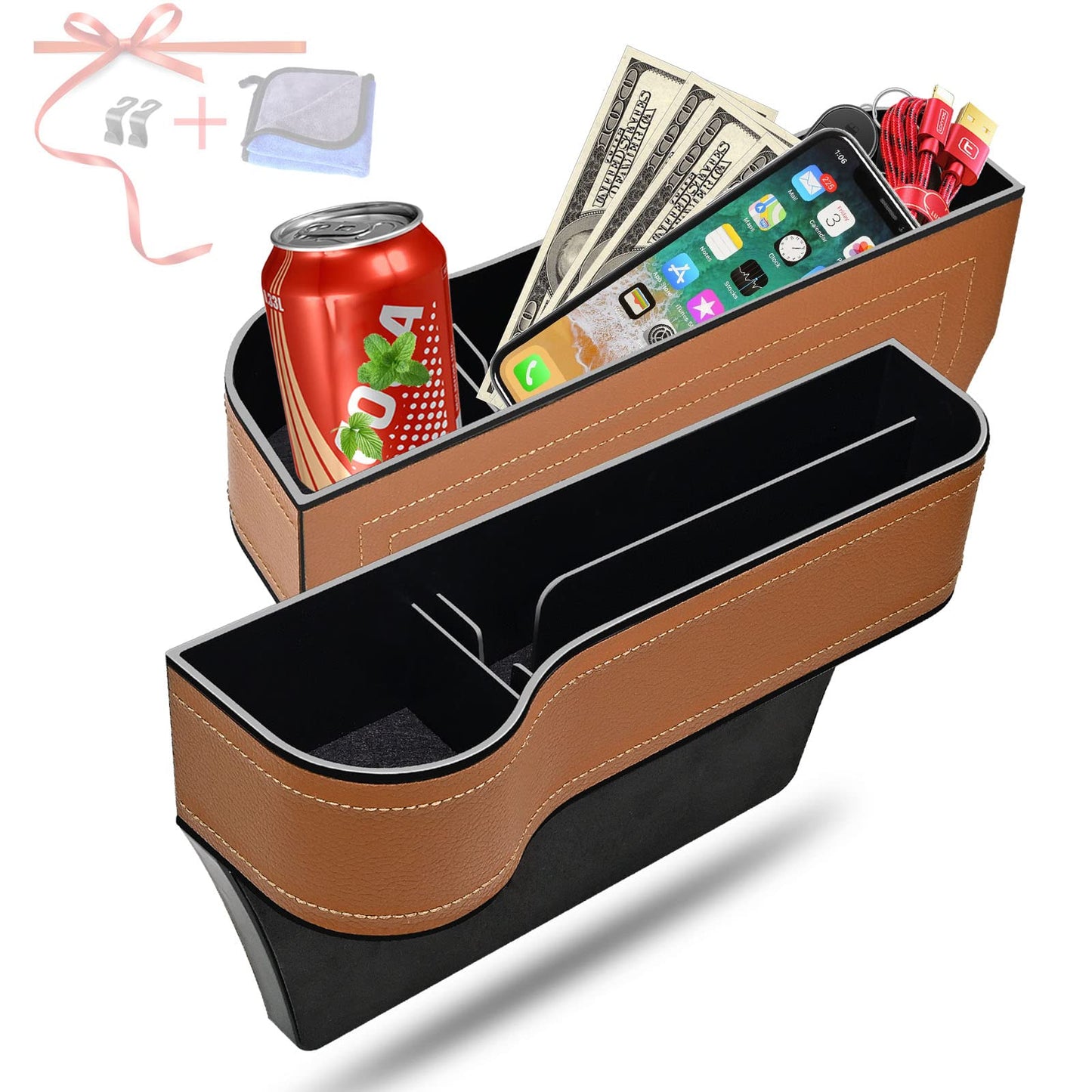 Car Seat Gap Filler Organizer, 2 Pack Multifunctional Auto Console Side Storage Box with Cup Holders 2 Seat Hooks for Drink, Car Organizer Front Seat for Holding Phone, Sunglasses