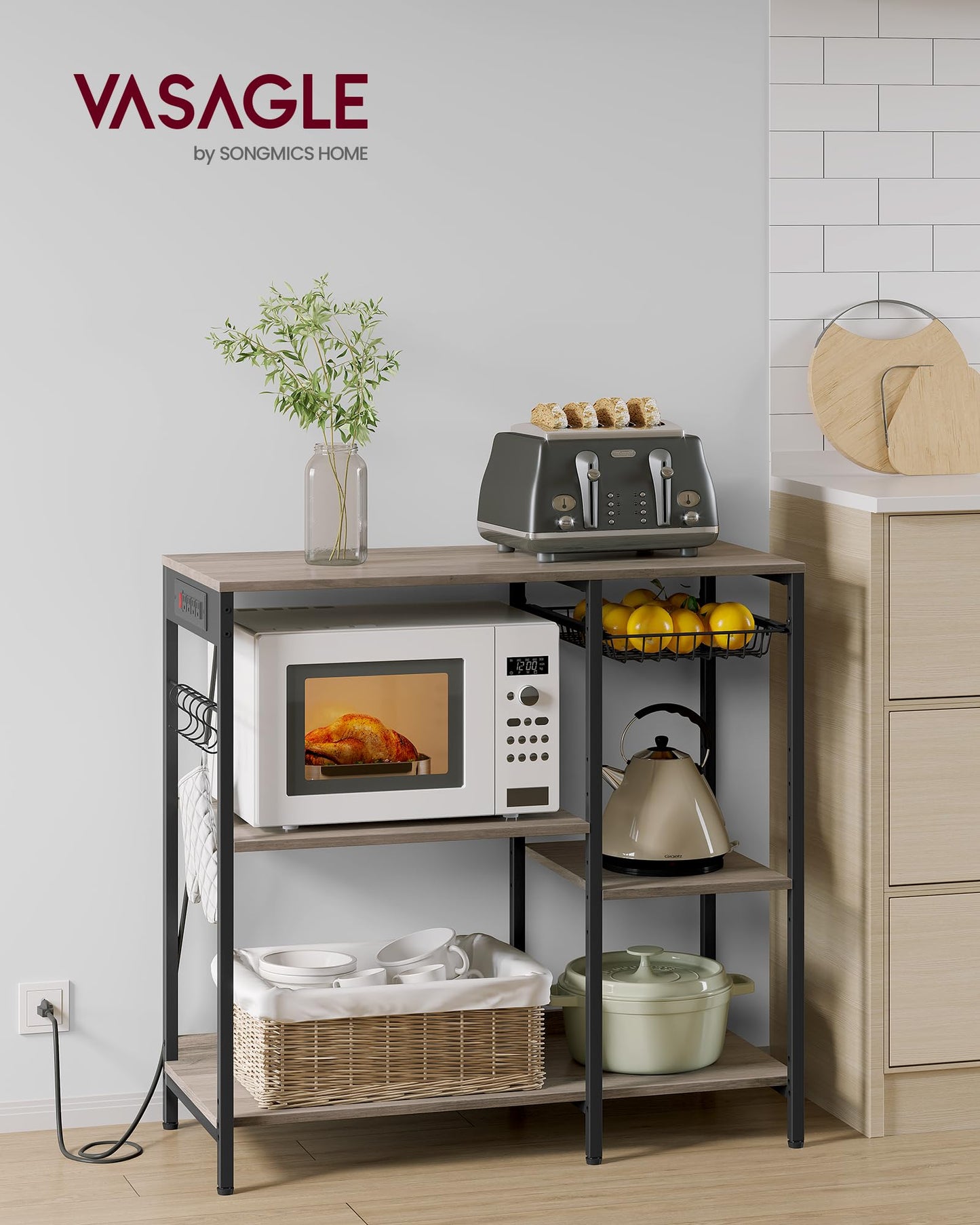 VASAGLE Baker's Rack, Coffee Bar Stand with Charging Station, Storage Shelves, Pull-Out Wire Basket, Table for Microwave, Kitchen, Greige UKKS036K02, 15.7 x 35.4 x 35.6 Inches
