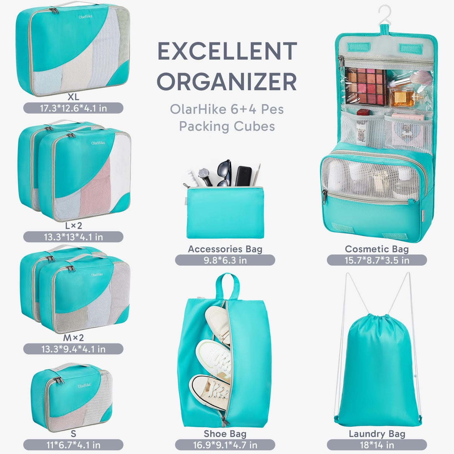 ALL INCLUDED 10 Set Durable Packing Cubes for Suitcases,OlarHike Essentials for Travel, UPGRADED Anti-Tear Stitching, NEW Improved Luggage Packing Organizers for Travel Accessories (Turquoise)