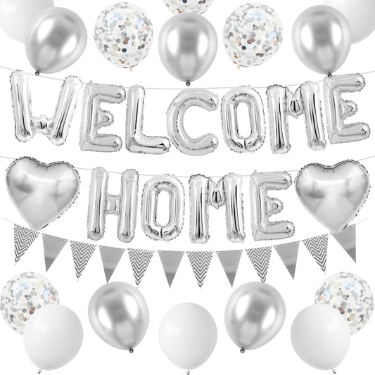 Welcome Home Decorations Silver,Welcome Home Foil Balloon Banner with Confetti Balloons,Silver Heart Balloons Pennant Flag Bunting for Baby Shower Home Family Party Supplies
