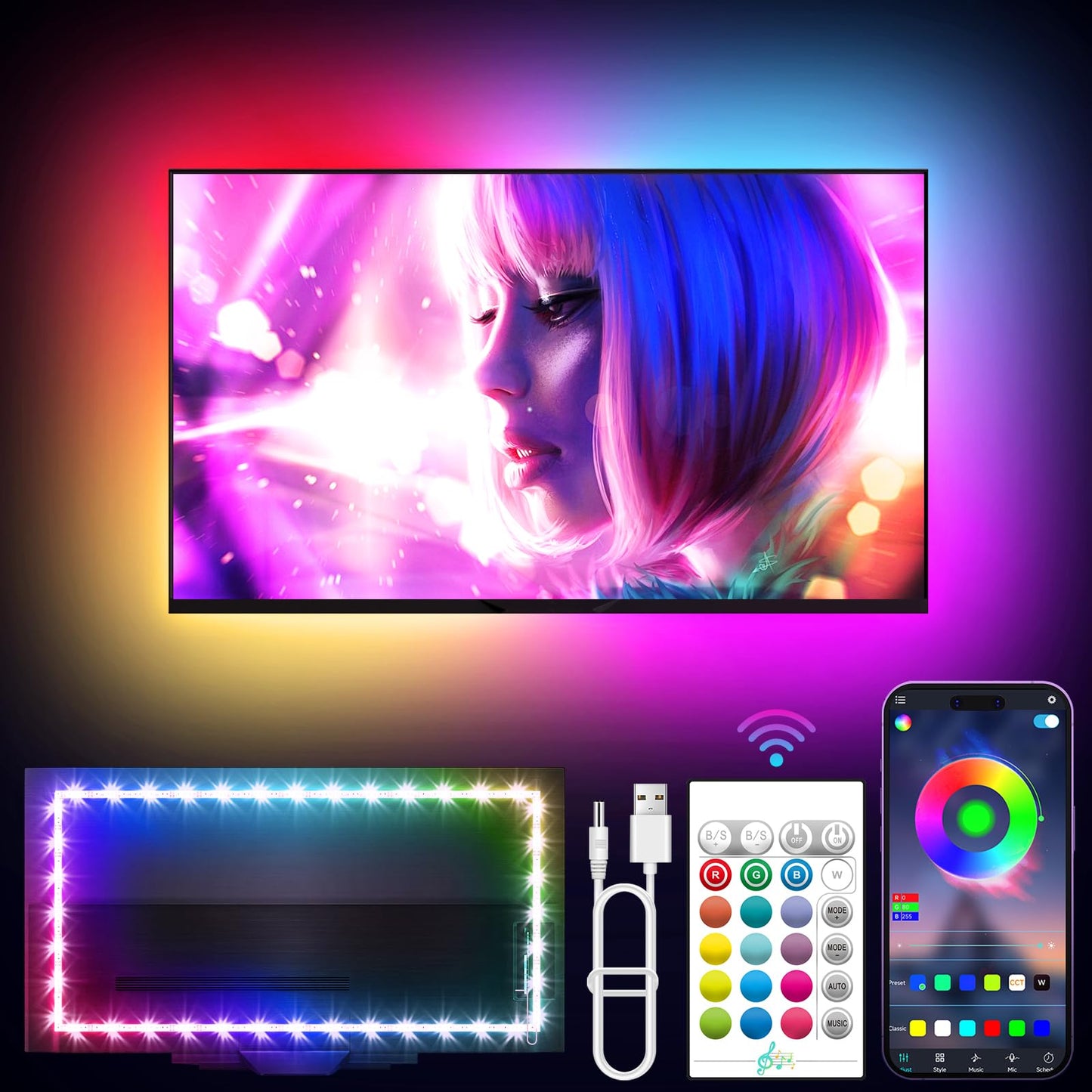 LED Lights for TV, 16.4ft TV LED Backlight for 45-75in, RGB TV Backlight Behind Strip with Music Sync, Bluetooth APP and Remote Control Strip Lights USB Powered for Bedroom, Gaming