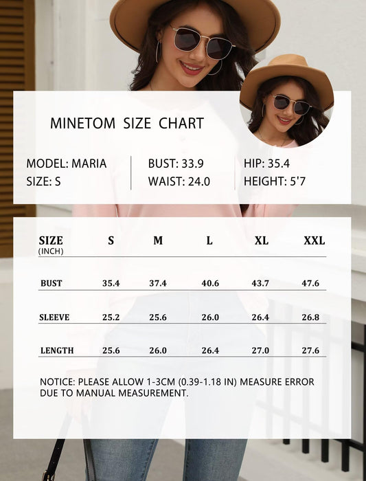 Minetom Women's Long Sleeve Henley Tops Smocked Puff Sleeve Tops Casual Shirts Blouses Pink