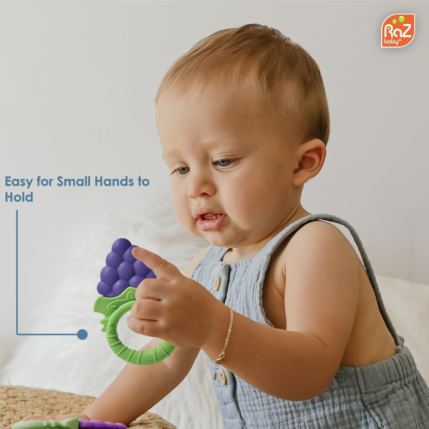 RaZbaby Fruitique Infant & Baby Massager & Teether Toy 3-Pack, Fruit-Shaped Multi-Texture Teethers Soothe Sore Gums, Non-Toxic BPA-Free Food-Grade Silicone, Hands-Free & Easy to Hold, 3M+