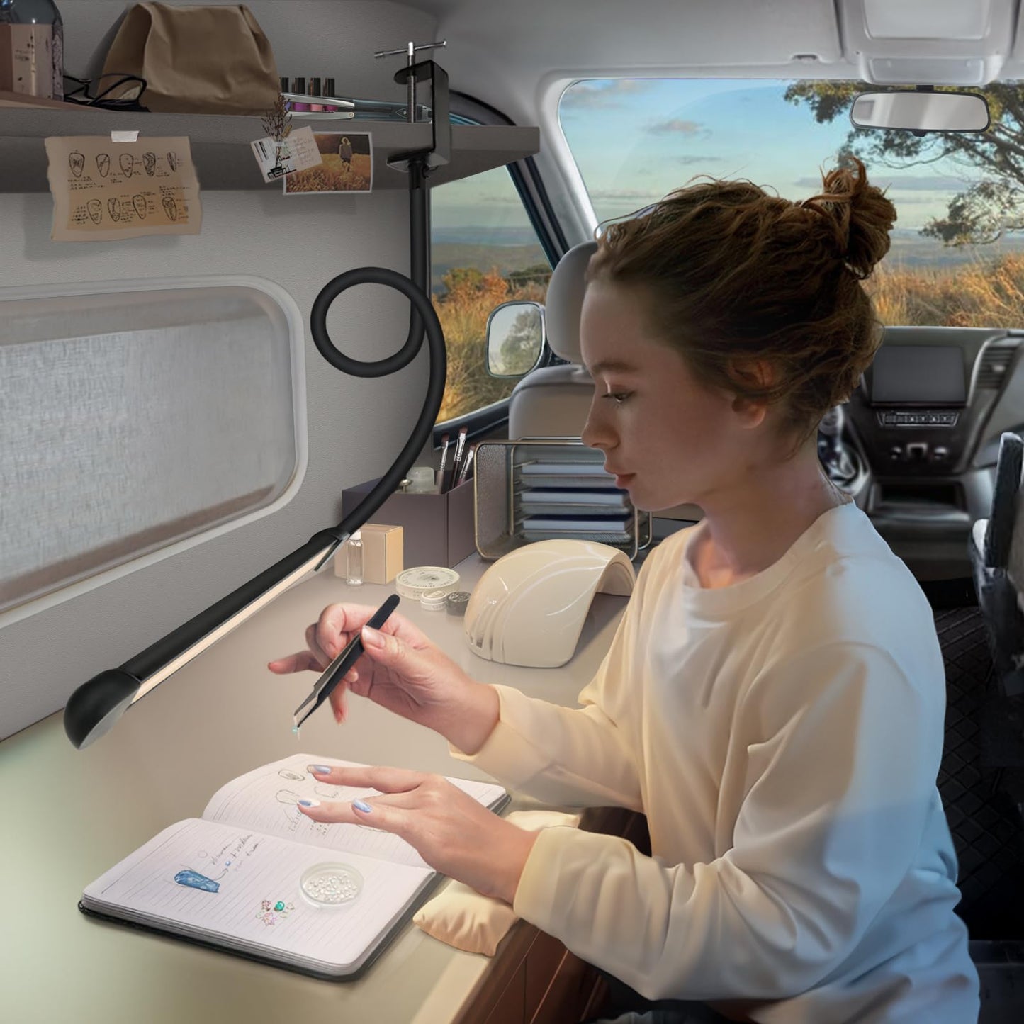 Phimuezl LED Desk Lamp with Clamp, Clamp Light with 30 Adjustable Color Modes, Clip on Light with Long Flexible Gooseneck, Eye Care Lamp Clamp for Study, Work, Home, Office, Black, 12W