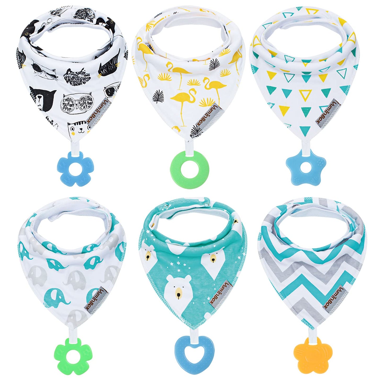 Baby Bandana Drool Bibs 6-Pack and Teething Toys 6-Pack Made with 100% Organic Cotton, Absorbent and Soft Unisex