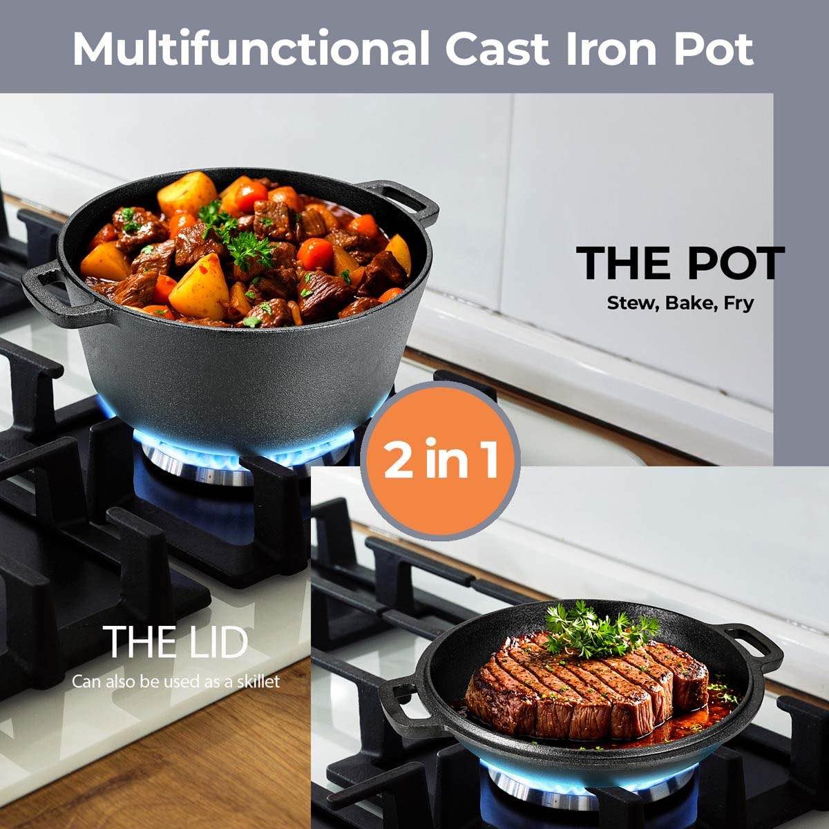 TLGREEN Cast Iron Dutch Oven Pot with Lid, Pot (5.1QT) and Lid as a Skillet(1.9QT) - Dutch Oven Cast Iron with Silicone Holders, Iron Stand, for Oven, Stove, Grill,Campfire