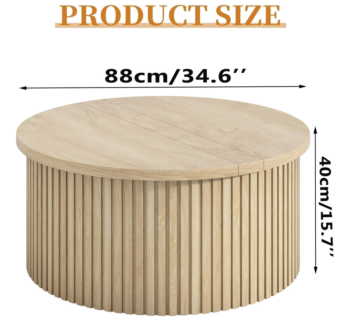 Fsbecl Lift Top Coffee Table with Storage, Round Coffee Tables for Living Room, 34.6'' Farmhouse Fluted Coffee Table, Wood Center Table with Large Hiddern Storage Compartment (Wood Color)