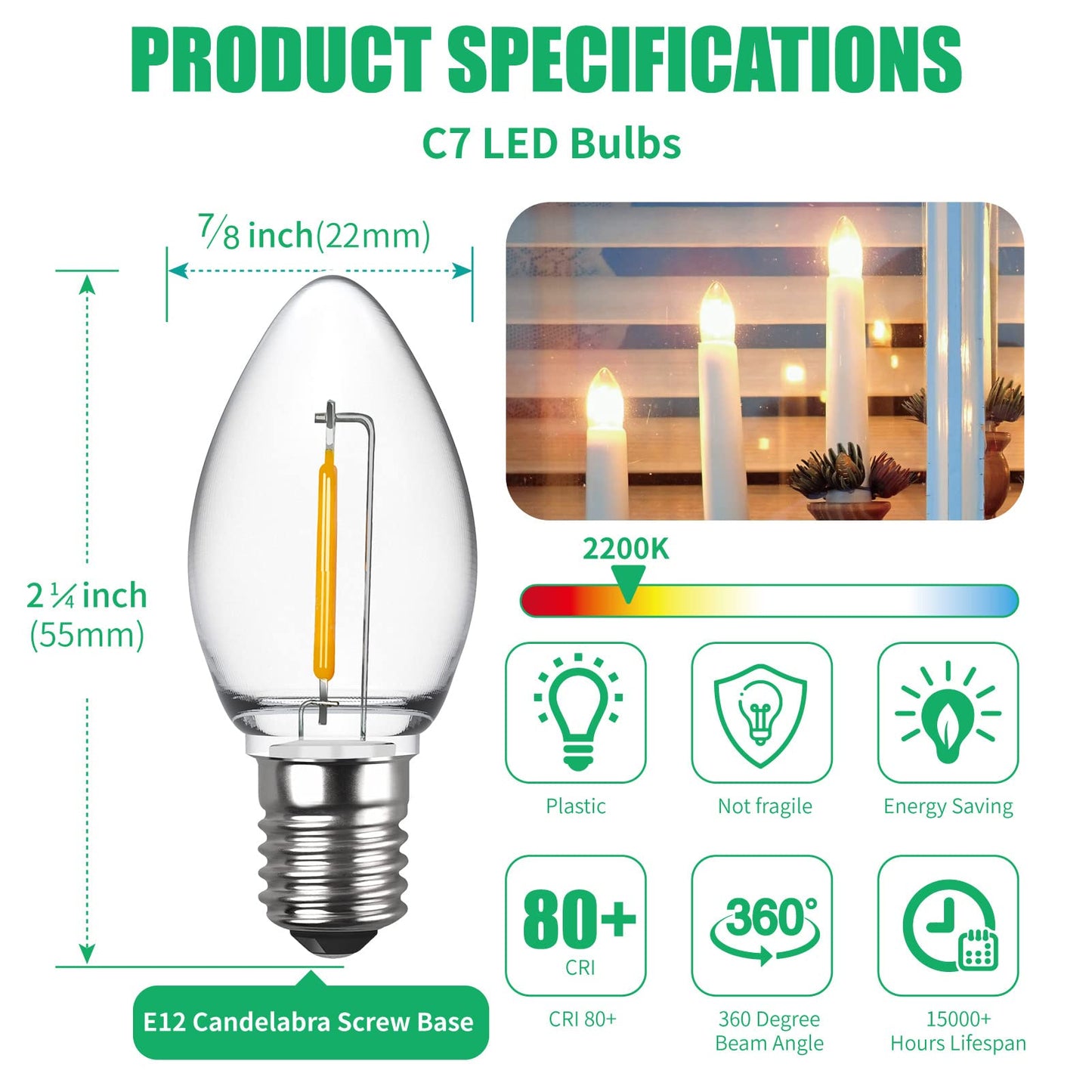 Meconard C7 LED Replacement Christmas Light Bulbs, C7 Shatterproof LED Bulbs for Christmas Indoor Outdoor String Lights, E12 Candelabra Base, Commercial Grade Holiday Bulbs, Warm White, 25 Pack