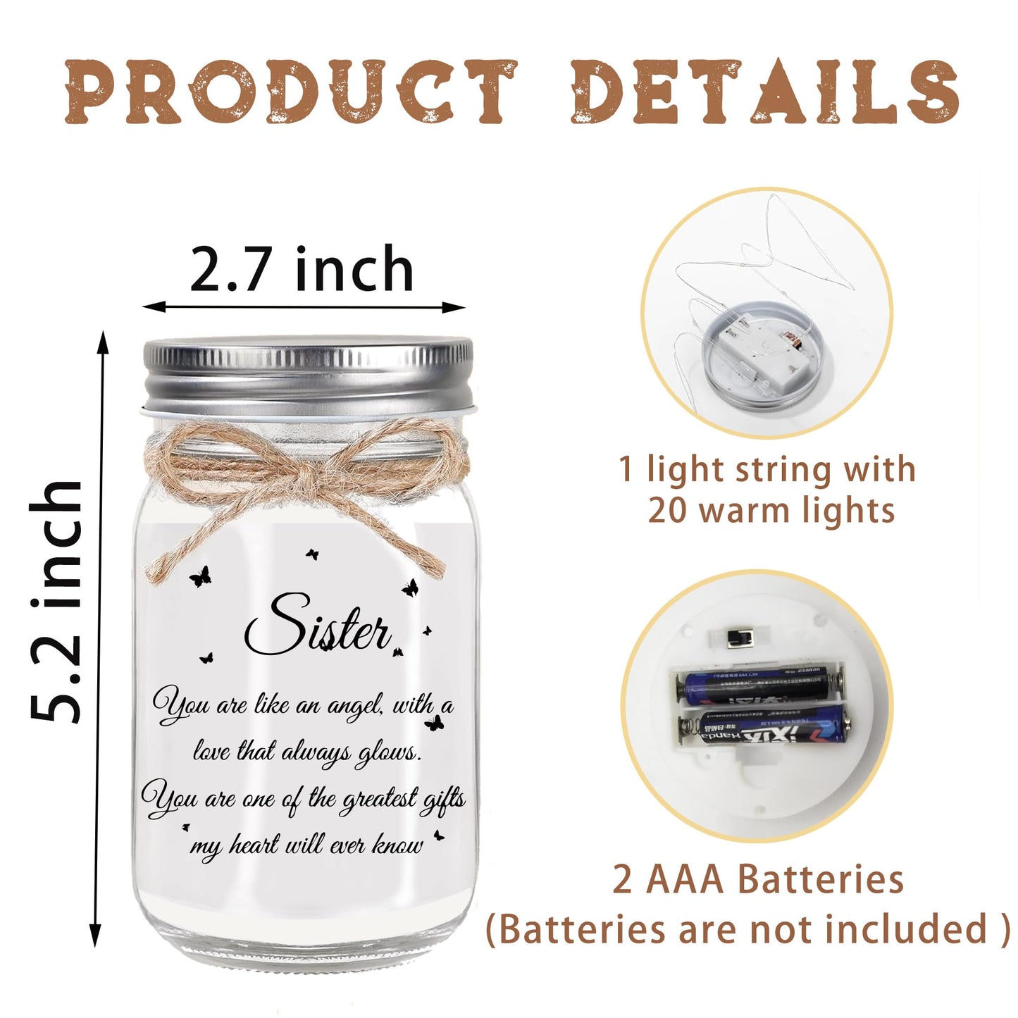 Hua Feishang Sister Gifts - Mason Jar with Warm Lights, Soul Sister Gift for Women, Sister Birthday Gifts, Decorations Present for Thanksgiving Christmas Anniversary