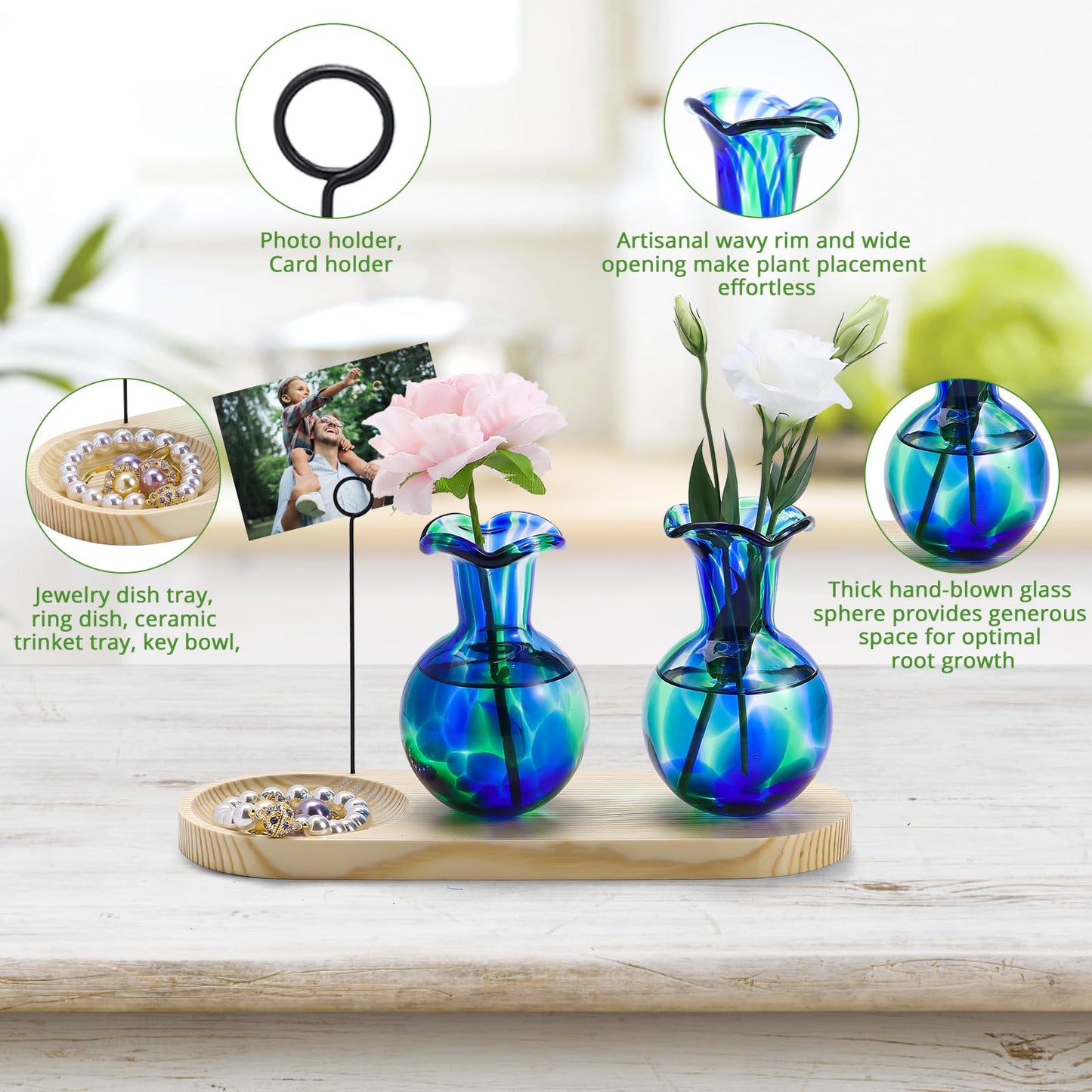 Pozfun Tabletop Hand Blown Glass Plant Propagation Stations Planter Terrarium with Wooden Jewelry Tray and Photo Holder Hydroponic Plants Centerpiece Office Home Garden Decor