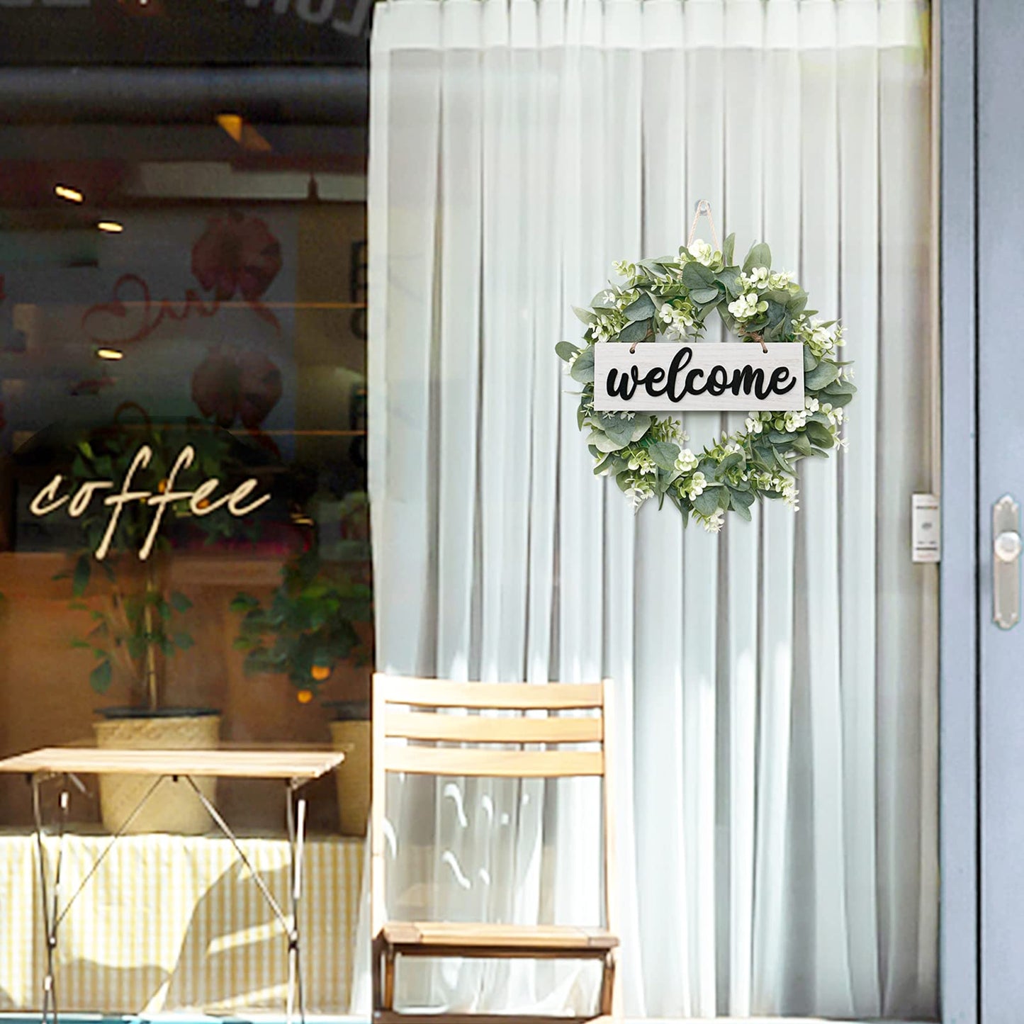 Dremisland 16 Inch Eucalyptus Leaves Wreath,Artificial Green Leaves Wreath with Welcome Sign Board for Front Door Window Farmhouse Garden Festival Celebration Home Decoration (White)