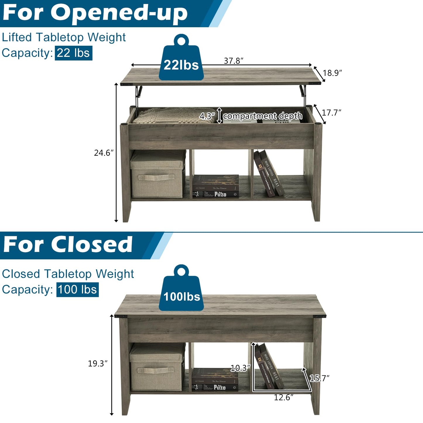 VINGLI Farmhouse Lift Top Coffee Table, Rustic Grey with Storage Shelf/Hidden Compartment, Mesa De Centro para Sala