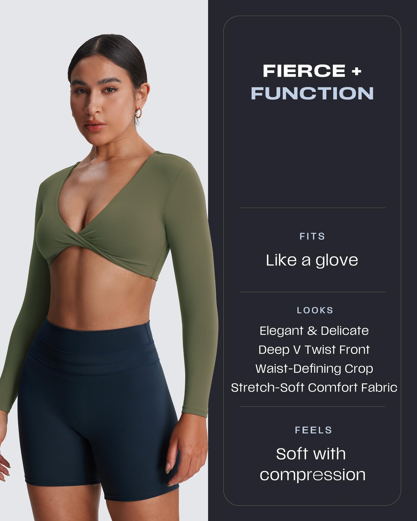 Aoxjox Long Sleeve Crop Tops for Women Sienna Twist Deep V Workout Cropped T Shirt Top (Olive Green, Small)