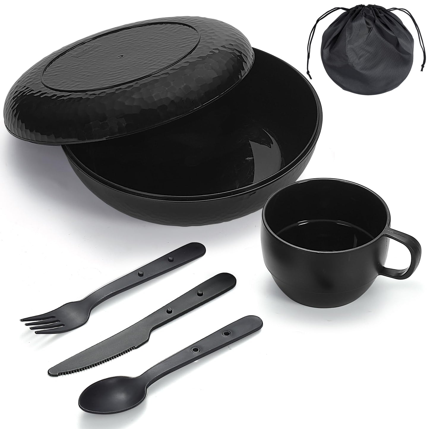 Berglander Camping Mess Kit with Bowl, Plate, Cup, Spoon, Fork, Knife and Carry Bag, Plastic Camping Accessories Essentials Gear for Travel, Camping, Picnic, Outdoor, Easy to Carry & Store