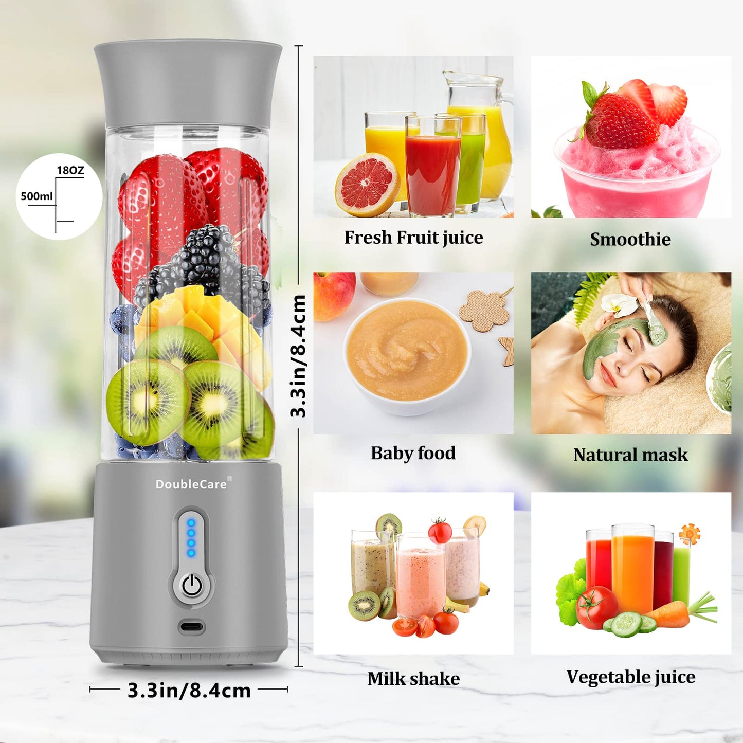 DoubleCare Portable Blender Cup,Electric USB Juicer Blender,Mini Blender Portable Blender For Shakes and Smoothies, Juice,380ml, Six Blades Great for Mixing,white, grey