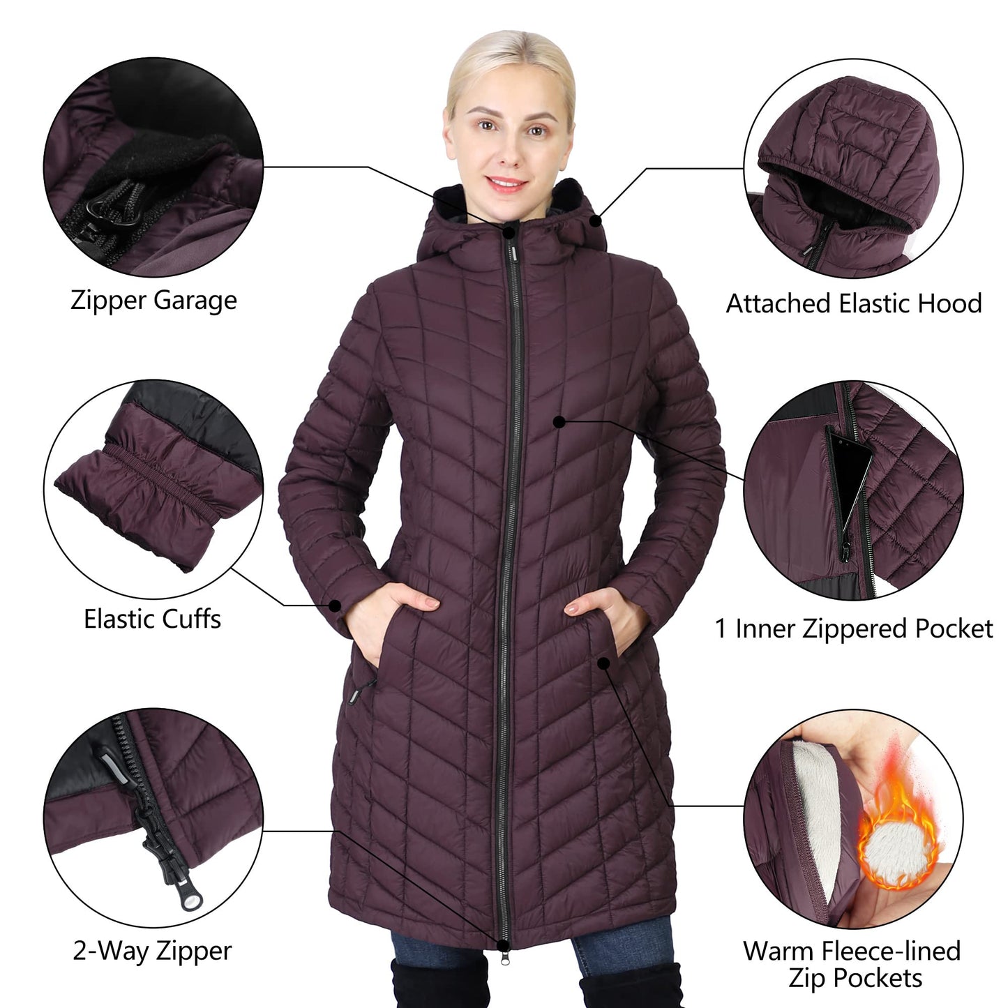 Outdoor Ventures Women's Lightweight Warm Winter Long Puffer Coat with Hood-Large,36"
