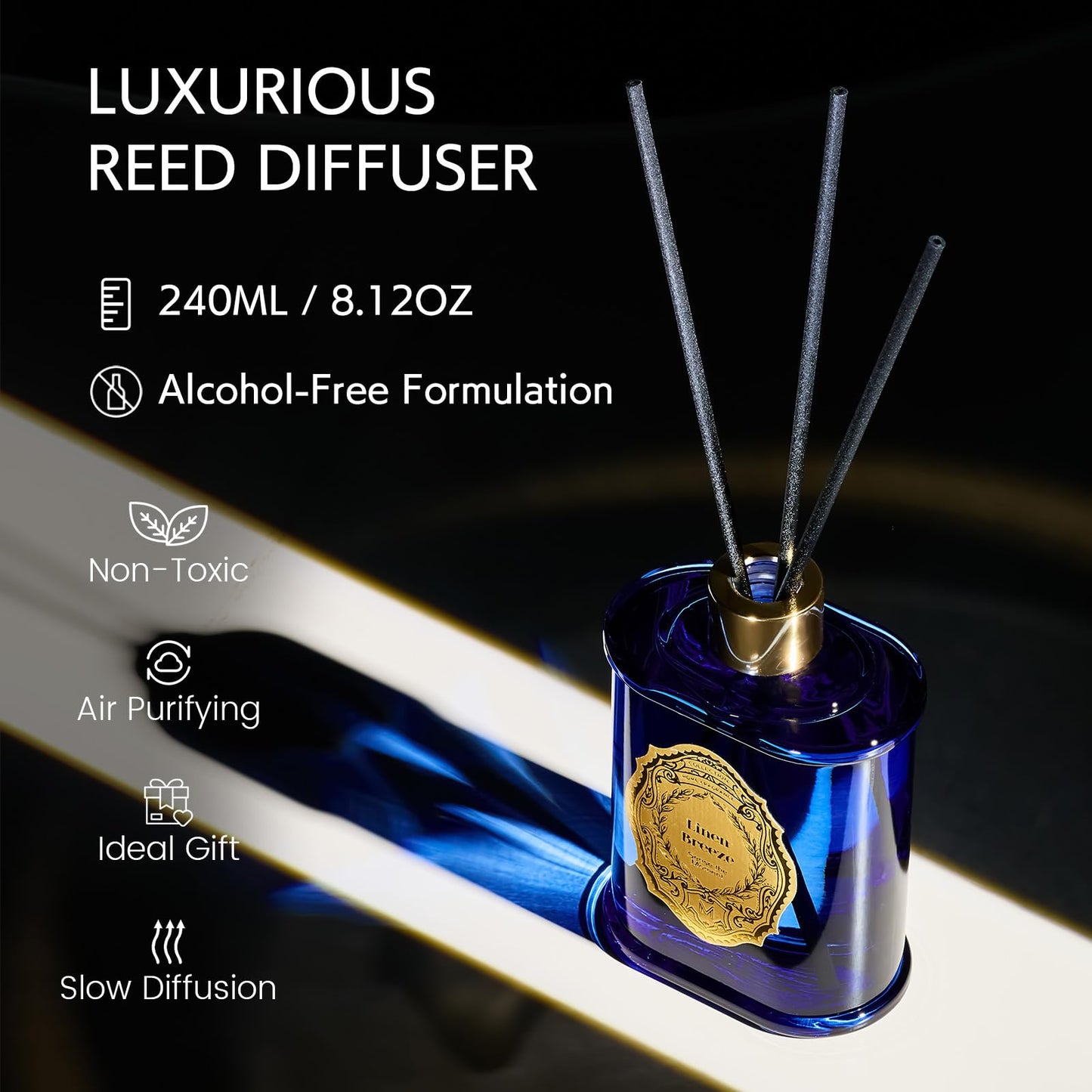 M&SENSE 8.4 oz Large Reed Diffuser for Home | Linen Breeze Scent Oil Diffuser with Sticks | Bedroom Bathroom Living Room Decor