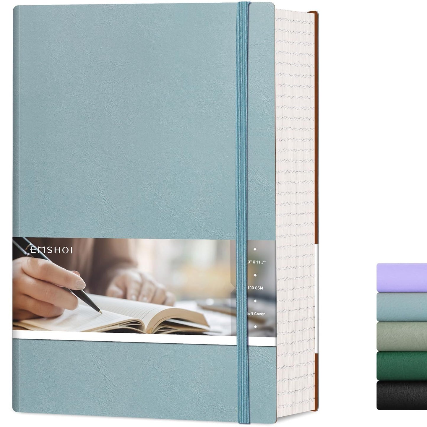 EMSHOI A4 College Ruled Notebook Journal- 400 Pages (200 sheets), 7mm Spacing & Vegan Leather Cover for Work, School, Bible Study, Bullet Journaling- with Sticky Notes, Pocket & Pen Holder - GrayBlue