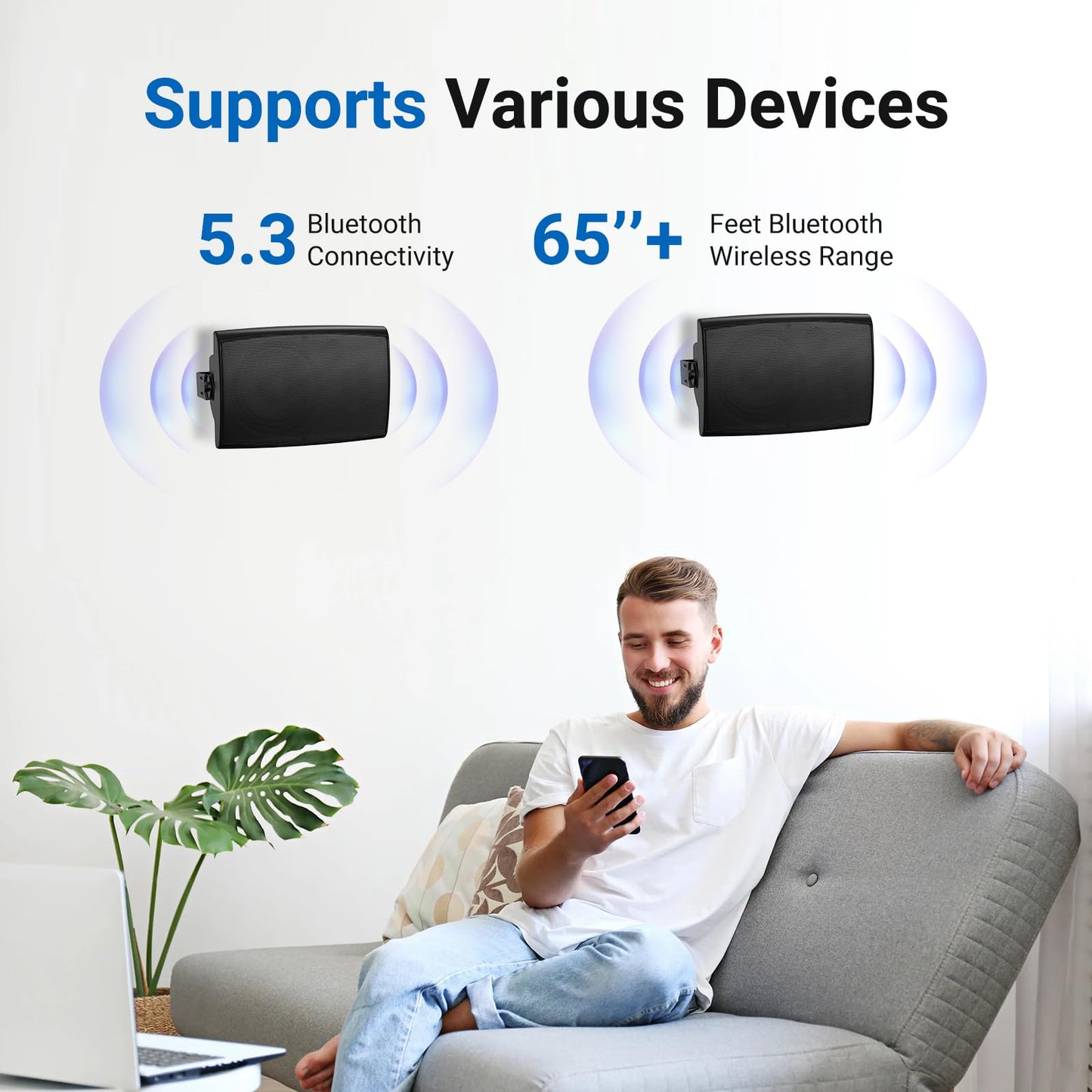 Herdio 5.25 Inches 300 Watts Outdoor Bluetooth Speakers, Bluetooth 5.3,TWS Stereo Paring,Wall Mount Speaker System Waterproof Suitable for Patio Home Poolside Deck Backyard (Pair, Black)