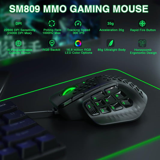 SOLAKAKA SM809 MMO Gaming Mouse Wired RGB with 9 Side Buttons, 22800 DPI High Precision Sensor Optical Ergonomic Gamer Mouse,16 Programmable Custom Macro Shortcuts Remapping PC Gaming Mice for Windows