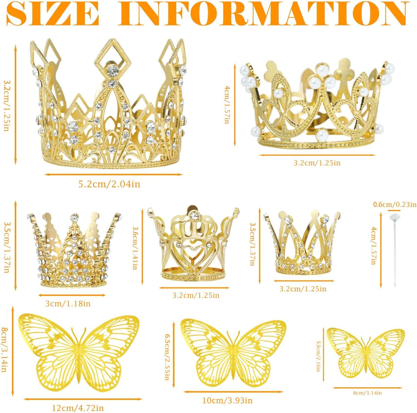 5-Pack Metallic Gold Crowns with 12 Pieces Butterfly Decorations and 50 Pieces Rhinestone Pins for Wedding Bouquet Accessories Decorations