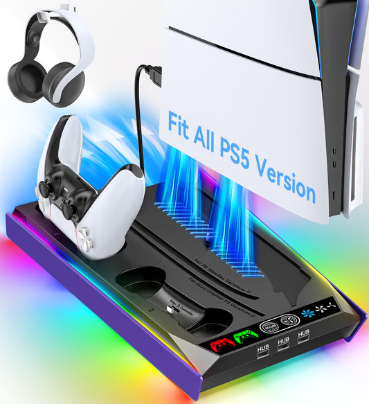 PS5/Slim/Pro Stand for Disc & Digital Console, PS5 Cooling & Charging Station with RGB Ambient Lighting, PS5 Controller Charger Built-in 3 Level Fan, PS5/Slim/Pro Accessories Comes 3 USB Ports