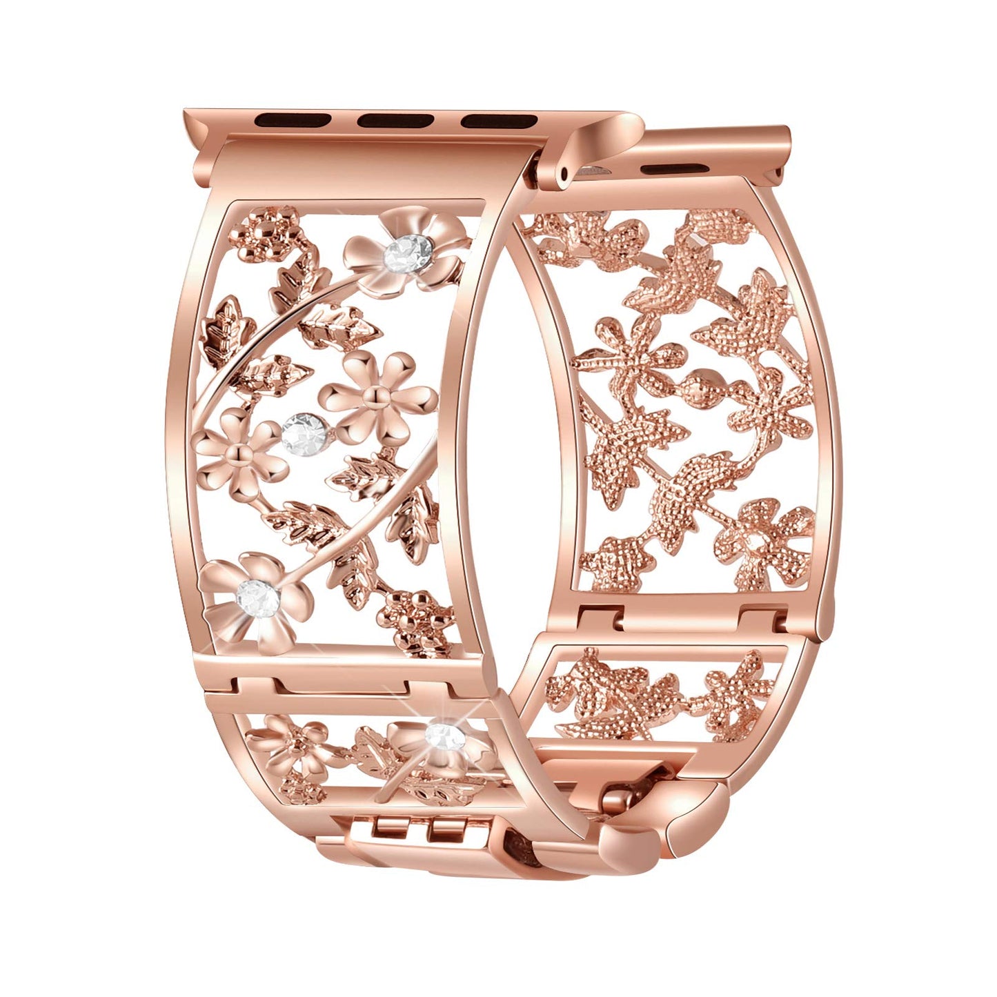 Duoan Floral Band Compatible with Apple Watch Jewelry Band 42mm 44mm 45mm 46mm 49mm iWatch Series 10 9 8 7 SE,Bling Crystal Bracelet Hollow Metal Strap,Cute Women Wristband(42/44/45/46/49mm,Rose Gold)