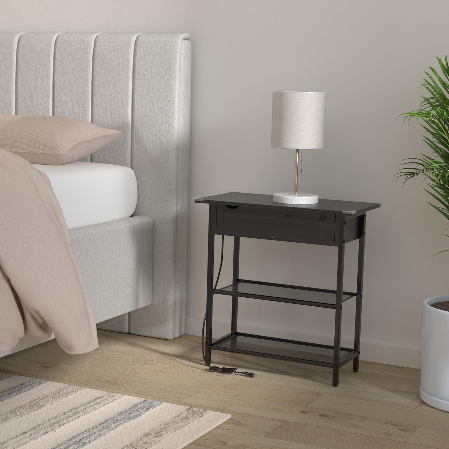 SAUCE ZHAN Sofa Side Table with USB Ports and Outlets, Narrow End Table with Storage Shelf for Small Spaces Bedside Nightstand with Charging Station for Living Room, Bedroom, Black