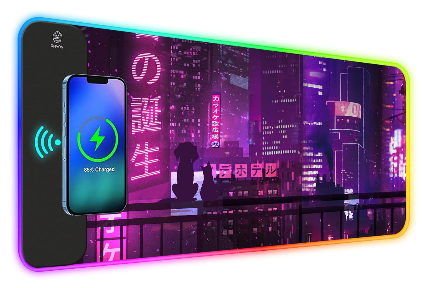 ToLuLu RGB Gaming Wireless Charging Mouse Pad, 15W 10 Light Modes LED Mouse Pad Computer Keyboard Mat Mousepad, 800x300x4MM Extended Large Desk Mat for Gaming, MacBook, Laptop, PC, Neon Purple Sign