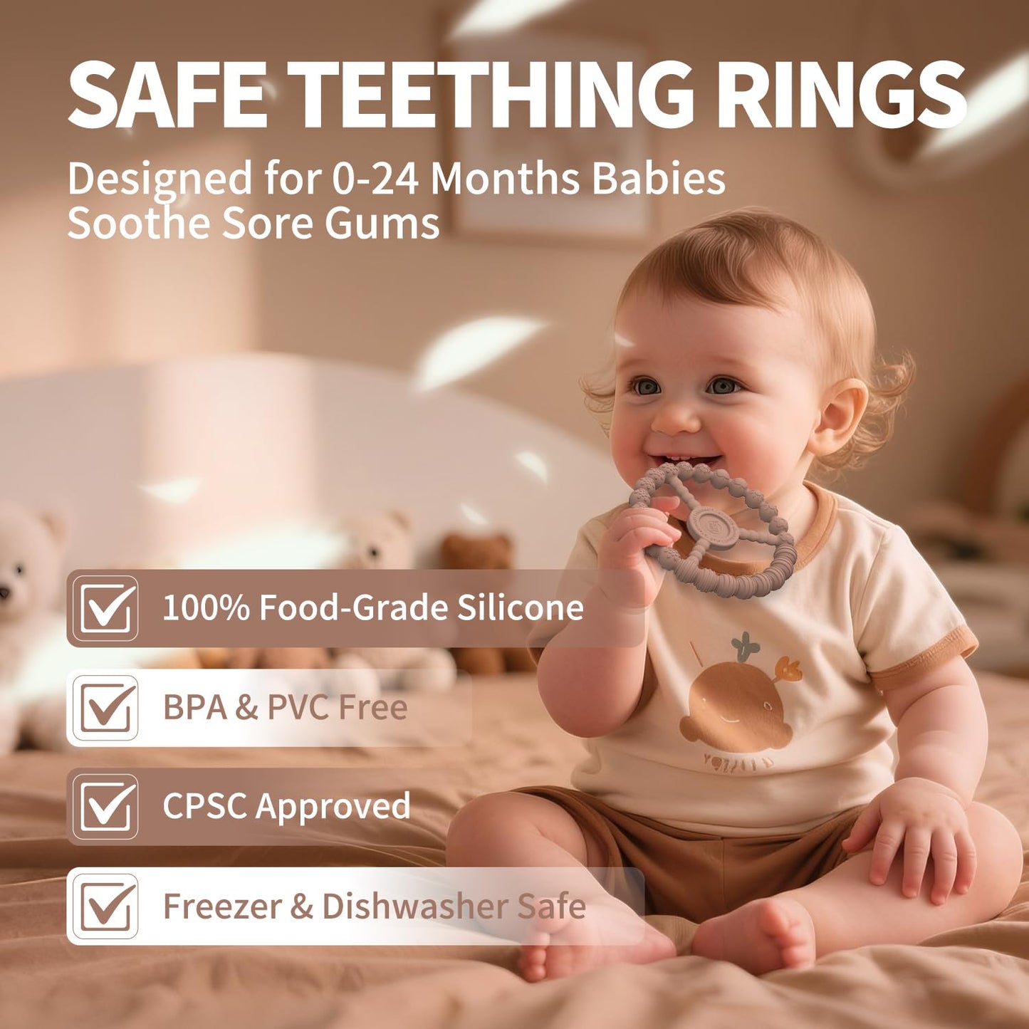 3 Pack Baby Teething Toys 3-6 Months, Silicone Ring Teethers for Babies 6-12 Months, Freezer Safe Chew Toy with Textured Grip for Boys Girls Teething Relief, Infant Easter Gift (Clay DustyRose Brown)