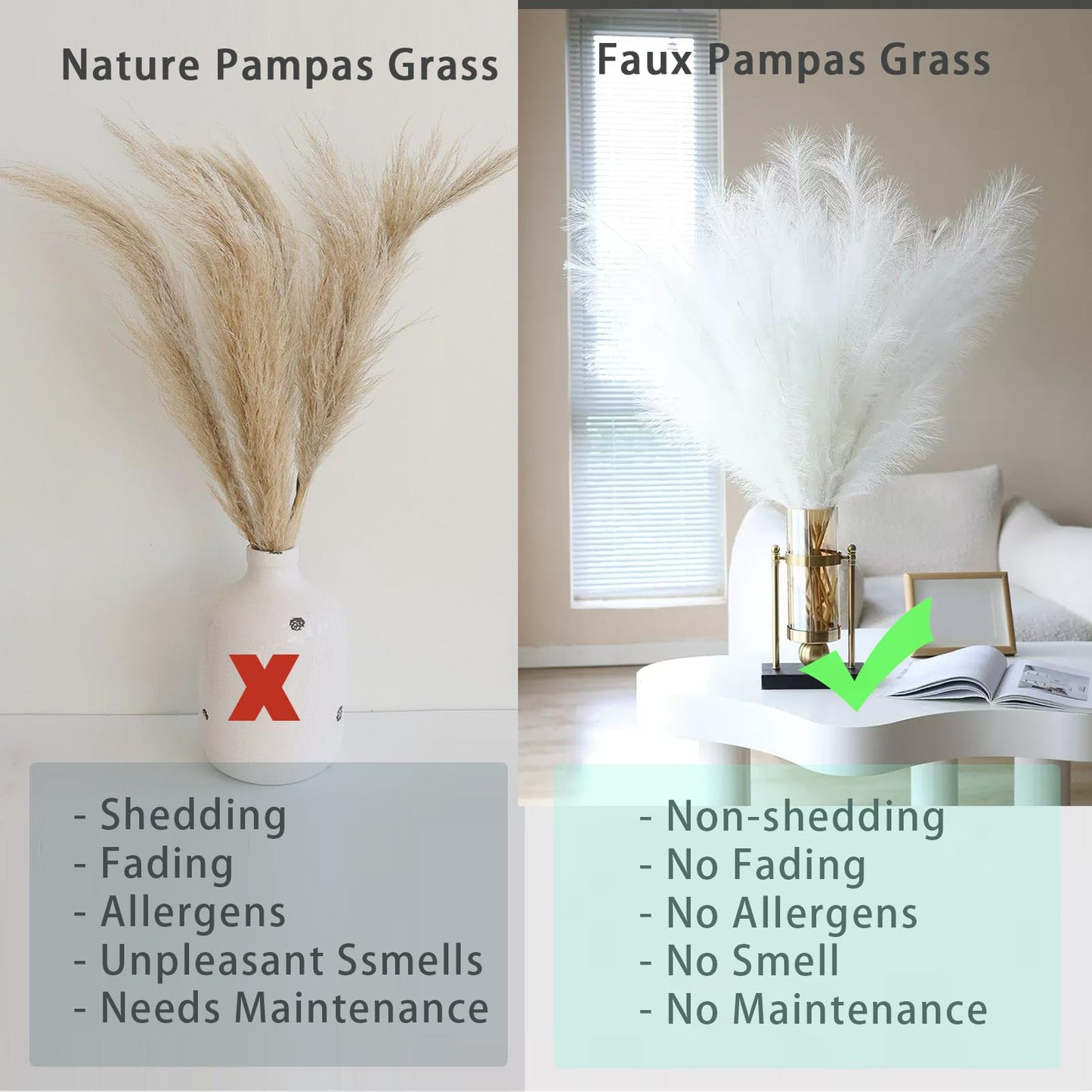 Bnecnet 10 Stems White Pampas Grass Fluffy - 17.7" Faux Pampas Grass Decor Small Fluffy Pompas Floral Arrangement and Vase Filler for Boho Home Wedding Mothers Day Decoration