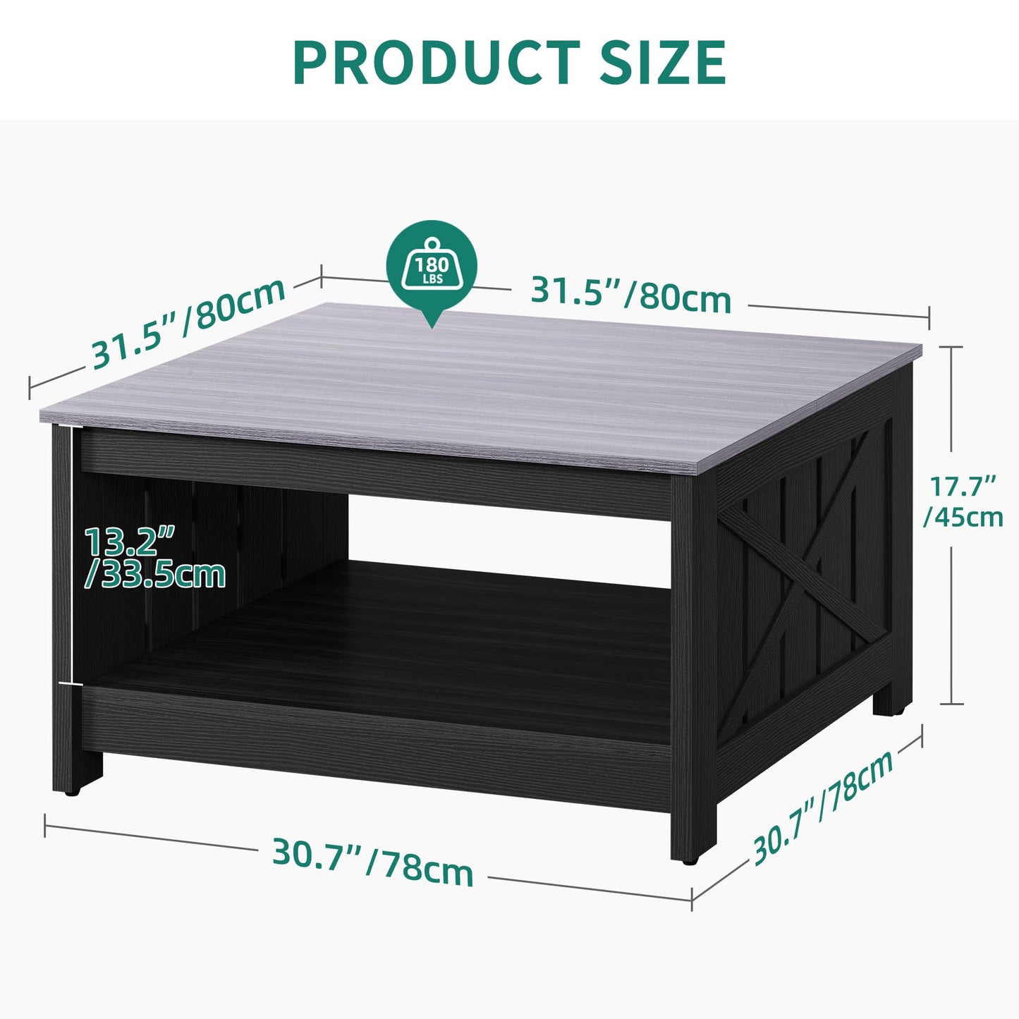 YITAHOME Farmhouse Coffee Table with Storage Rustic Wood Cocktail Table, Square Coffee Tables for Living Meeting Room with Half Open Storage Compartment, Grey and Black