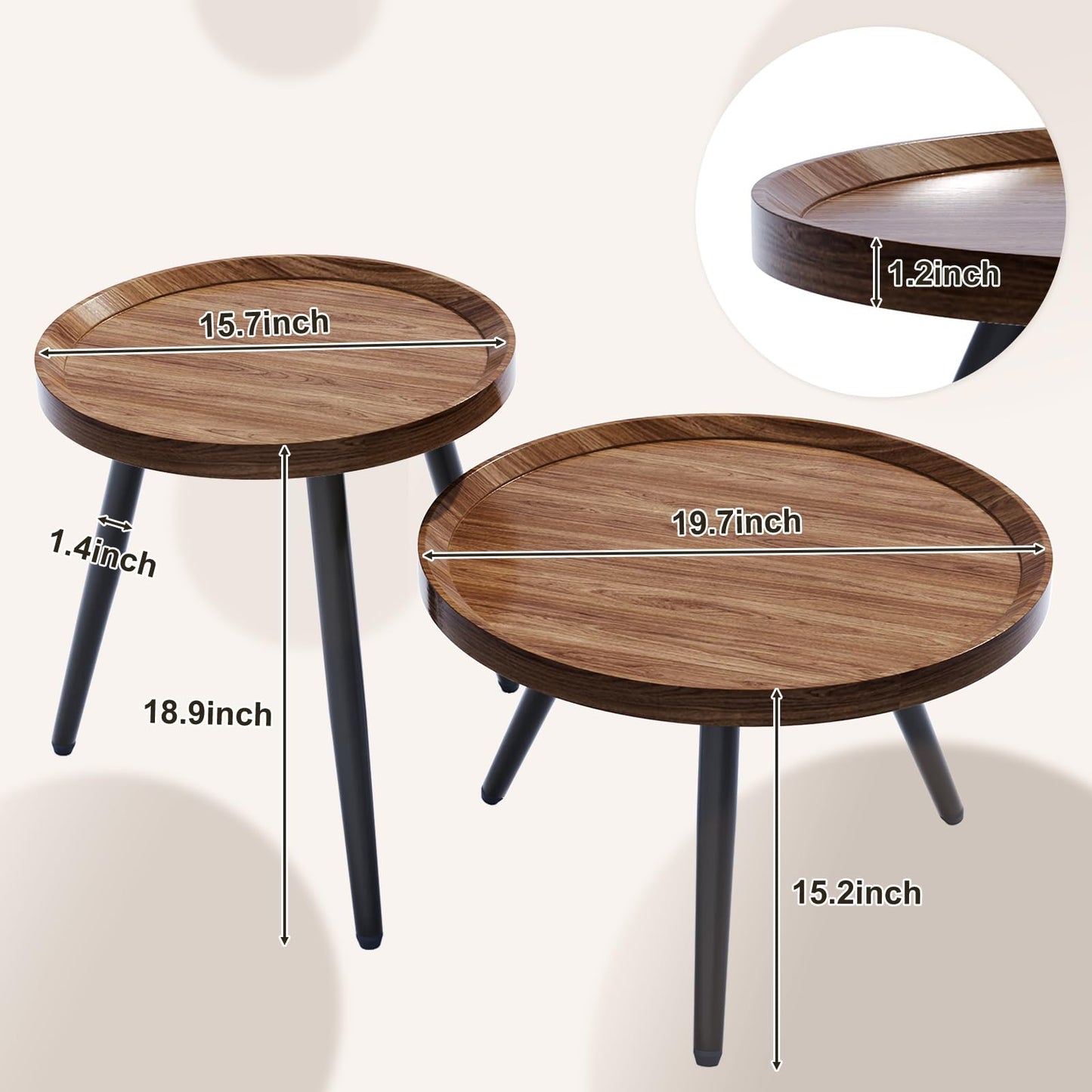 2 PCS Small Round Coffee Table, Walnut Nesting Tables for Small Spaces, Mid Century Modern Centre Table, Easy Assembly Circle Coffee Tables for Living Room, Minimalist Nesting Coffee Table Set of 2
