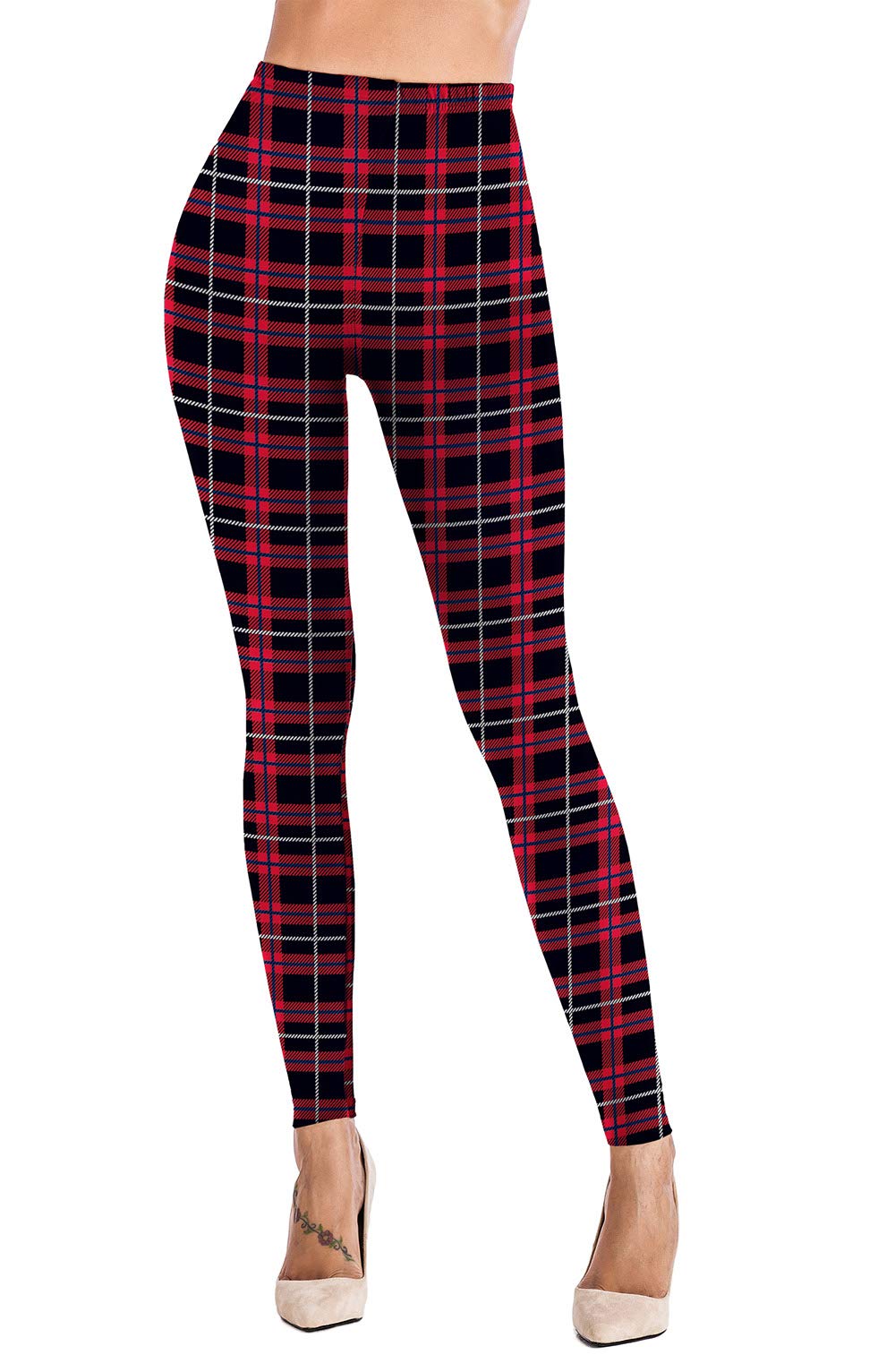 Uaderize Womens Ultra Soft Brushed Christmas Leggings Pants Red Plaid Patterned L