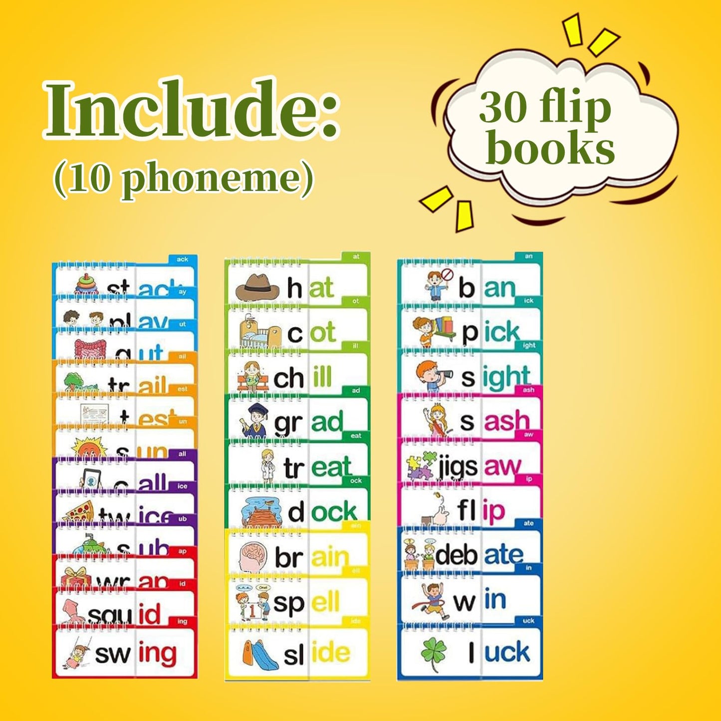 ZREVSB Word Families Learn to Read Flash Cards Set, Phonics and Sight Words with Activity Book, Read and Rhyme Flip Activity Book, Reading Games 30 Pieces