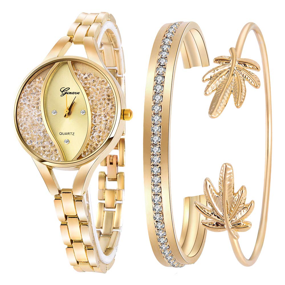 Weicam Women's Diamond Wristwatch Bangle Bracelet Jewelry Set Analog Quartz Wrist Watch for Ladies (Gold)